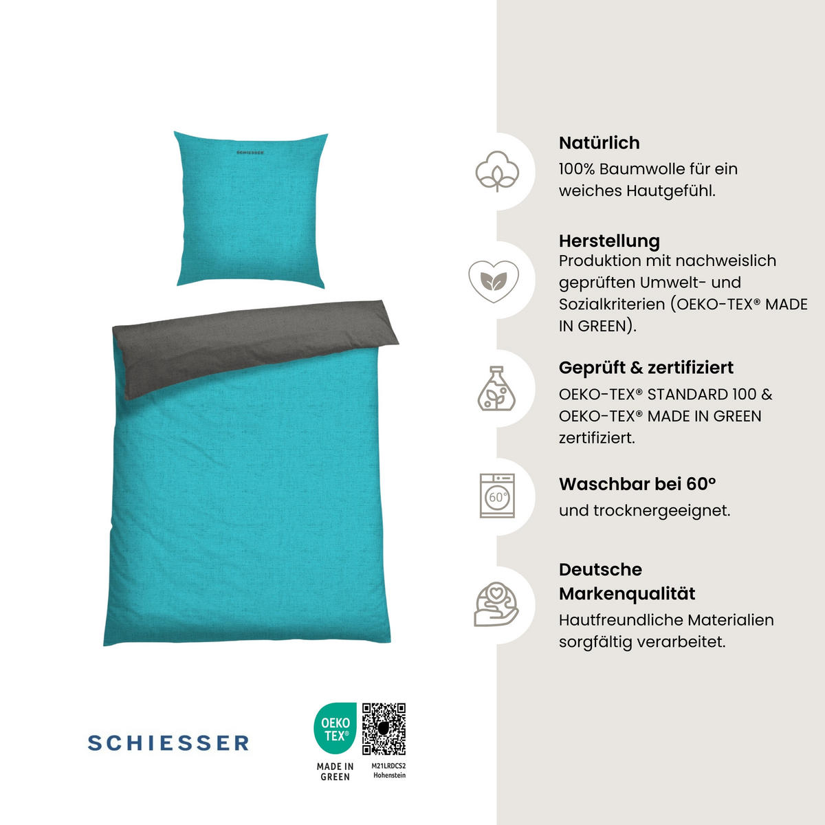 BETTWÄSCHESET Doubleface - Renforcé - 2-teilig - 155 x 220 cm - Türkis-Dunkelgrau - Türkis/Dunkelgrau, Textil (155/220cm) - SCHIESSER