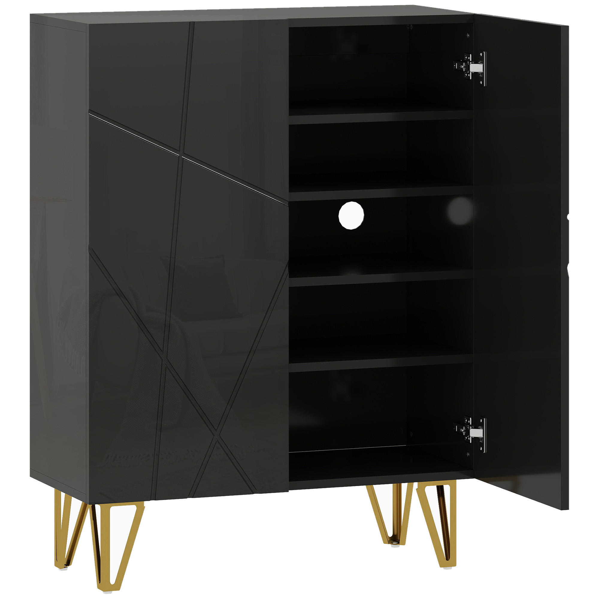 SCHUHSCHRANK mit 2 Türen, Schuhregal, Schuhaufbewahrung mit 3 Ablagen Schwarz - Schwarz Hochglanz/Goldfarben, Holzwerkstoff/Metall (31.5/95/72cm) - HOMCOM