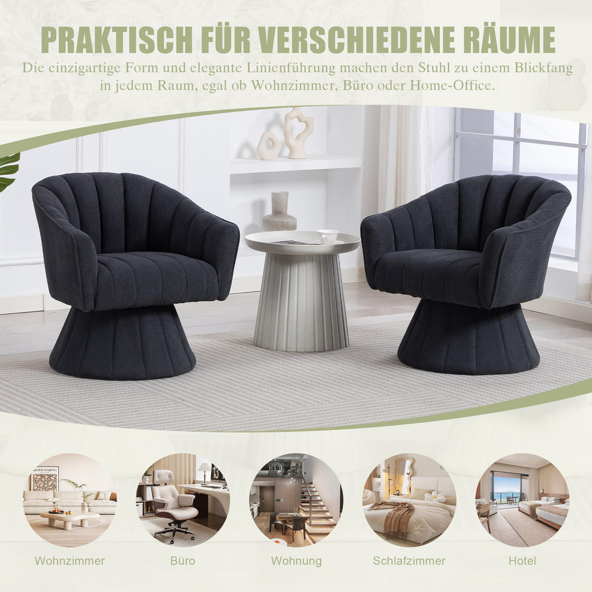 DREHSTUHL Cord Dunkelgrau drehbar - Dunkelgrau, Holzwerkstoff/Textil (70/72/66cm) - WISHDOR