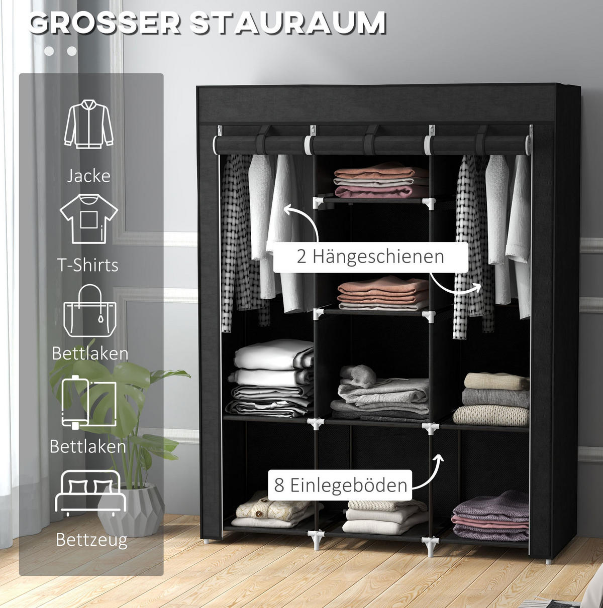 KLEIDERSCHRANK 125/162,5/43 cm Schwarz aus Stoff mit Kleiderstange - Schwarz, Textil (43/162.5/125cm) - OKMYHOME