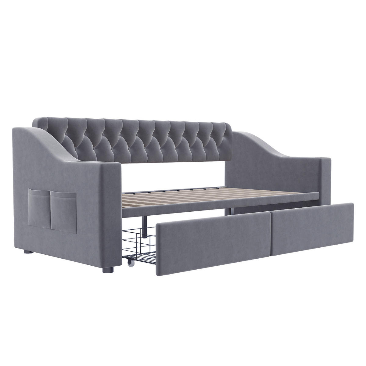 POLSTERBETT 90/190 cm Dunkelgrau aus Samt mit Stauraum und USB- und Type-C-Anschlüssen - Grau, Textil (90/190cm) - OKWISH