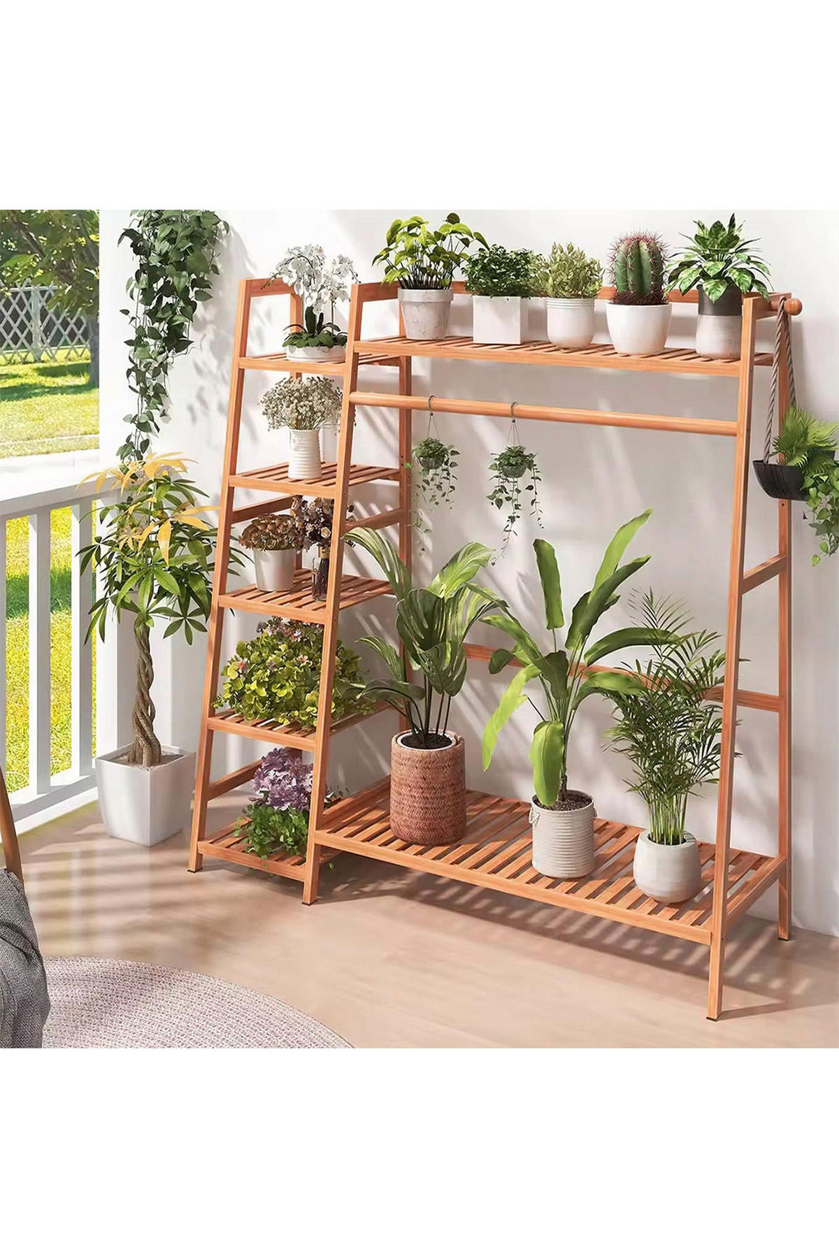 GARDEROBENSTÄNDER 7-Ablagefächer aus Bambus in Braun Kleiderstange Haken Freistehend 130 x 40 x 140 cm - Braun, Holz (130/140/40cm) - Livingandhome