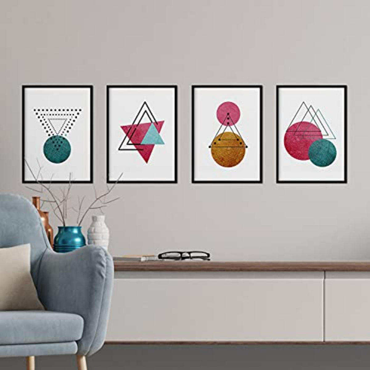 POSTER Set mit 4 Sternbilder und Monde Nordische Dreiecken A4 Schwarzer Rahmen - Schwarz, Papier (29.7/3cm) - Nacnic