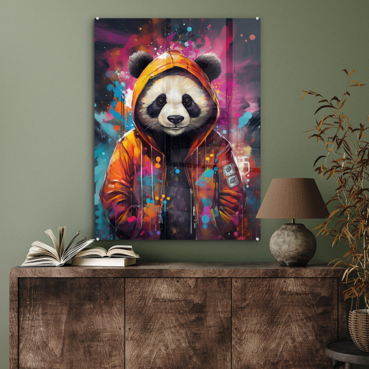 ACRYLGLASBILD Panda - Jacke - Graffiti - Orange 60x80 cm - Orange, Glas (60/80cm) - MuchoWow