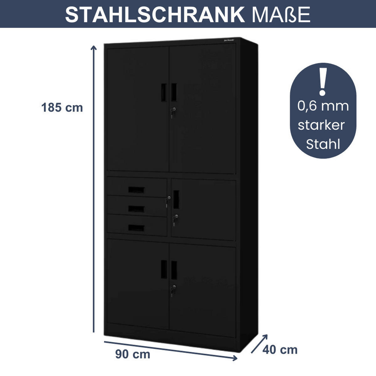 AKTENSCHRANK abschließbar GEDO mit Tresor 185x90x40cm Schwarz - Schwarz, Metall (90/185/40cm) - DELUKE