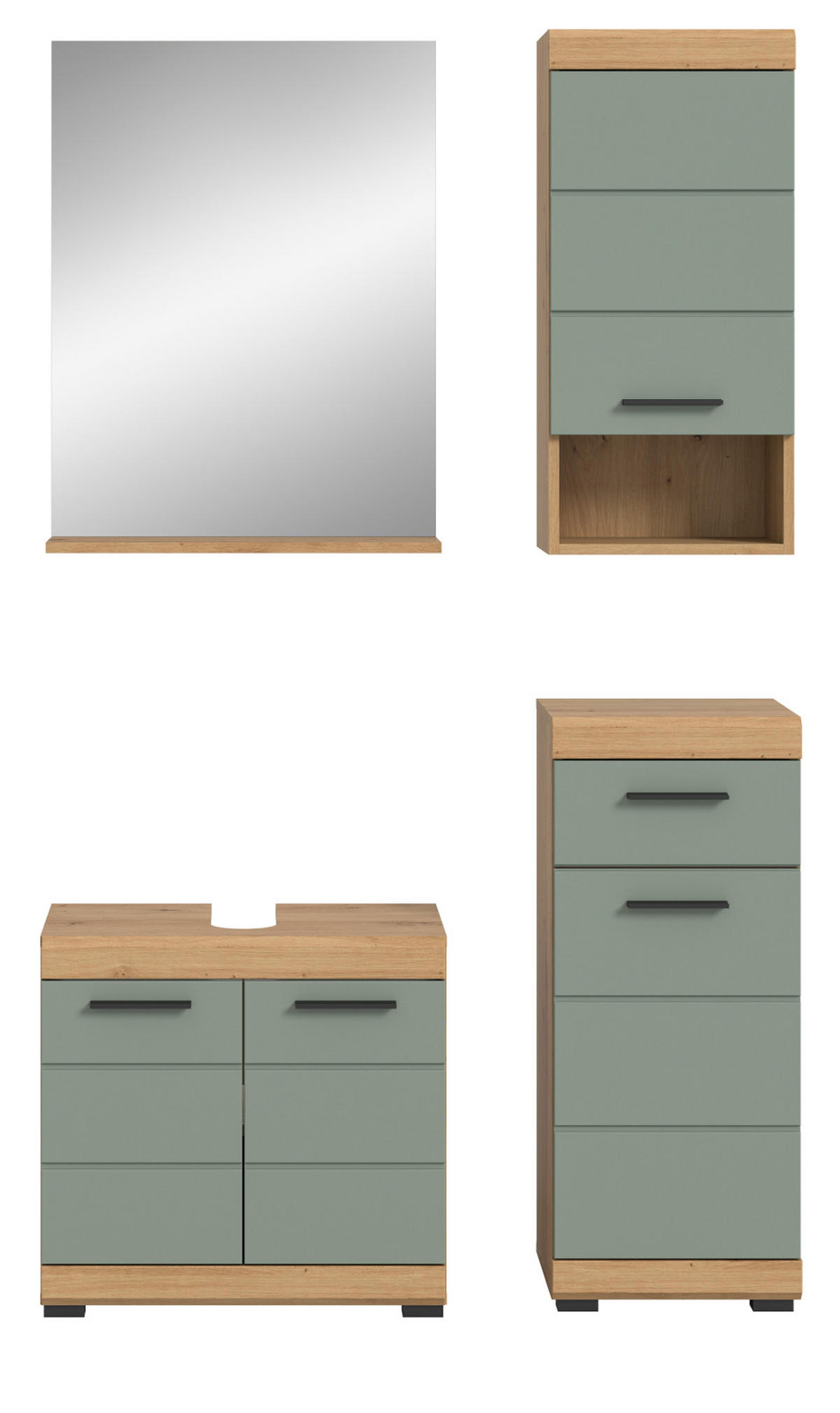 BADMÖBEL-SET Salbei grün, Eiche Artisan 4-teilig 112 cm, Komplettset mit viel Stauraum - Salbeigrün/Schwarz, Glas/Holzwerkstoff (112/191/34cm) - Inn.Furn