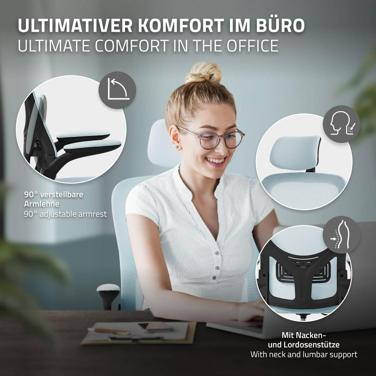 SCHREIBTISCHSTUHL Ergonomic blau - Blau, Kunststoff (60.5/121/60cm) - ML-DESIGN