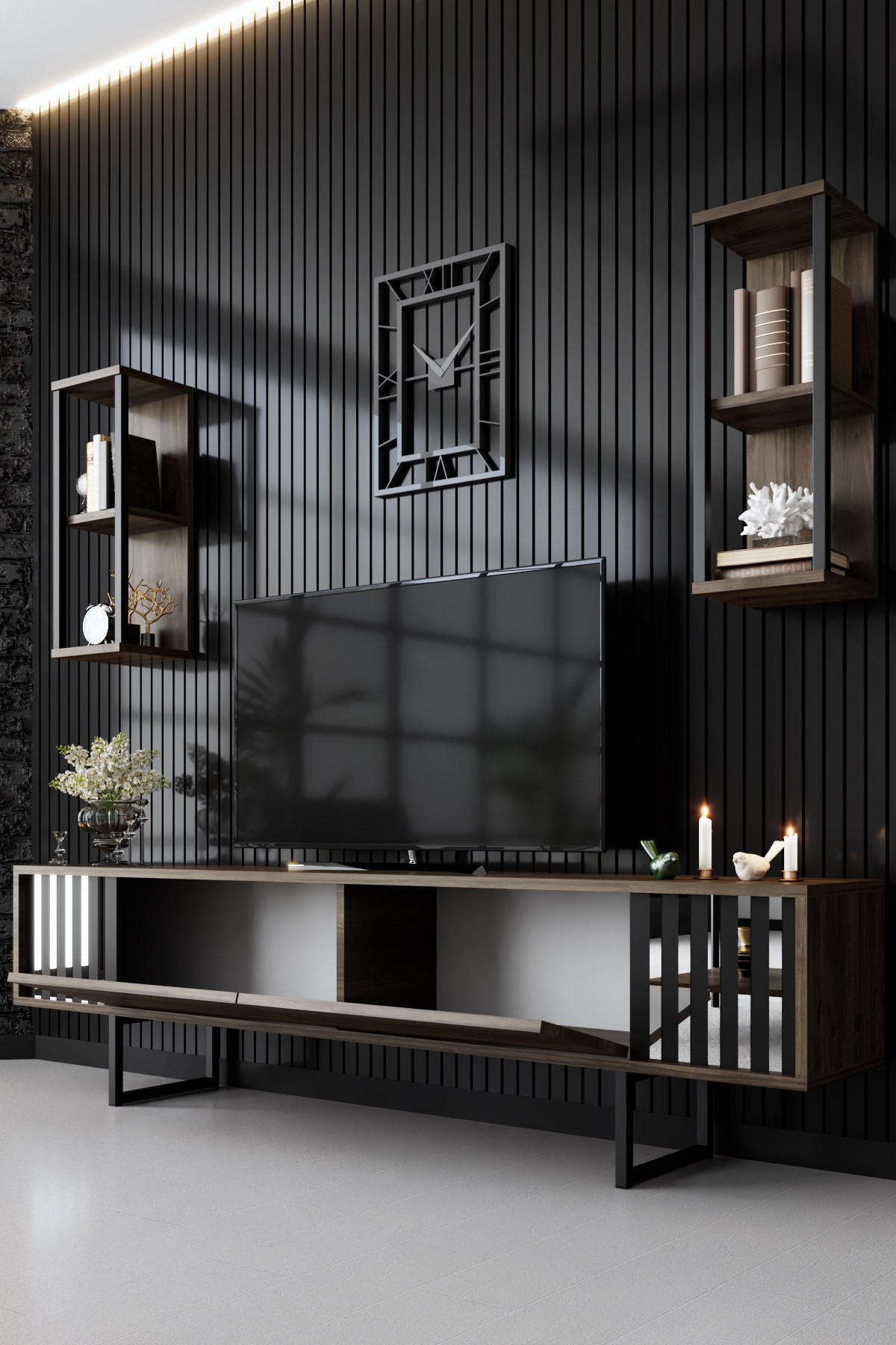 TV-MÖBEL Chrome Line Nussbaum-Schwarz - Nussbaumfarben/Schwarz, Holz (180/48/30cm) - Habitat Garten