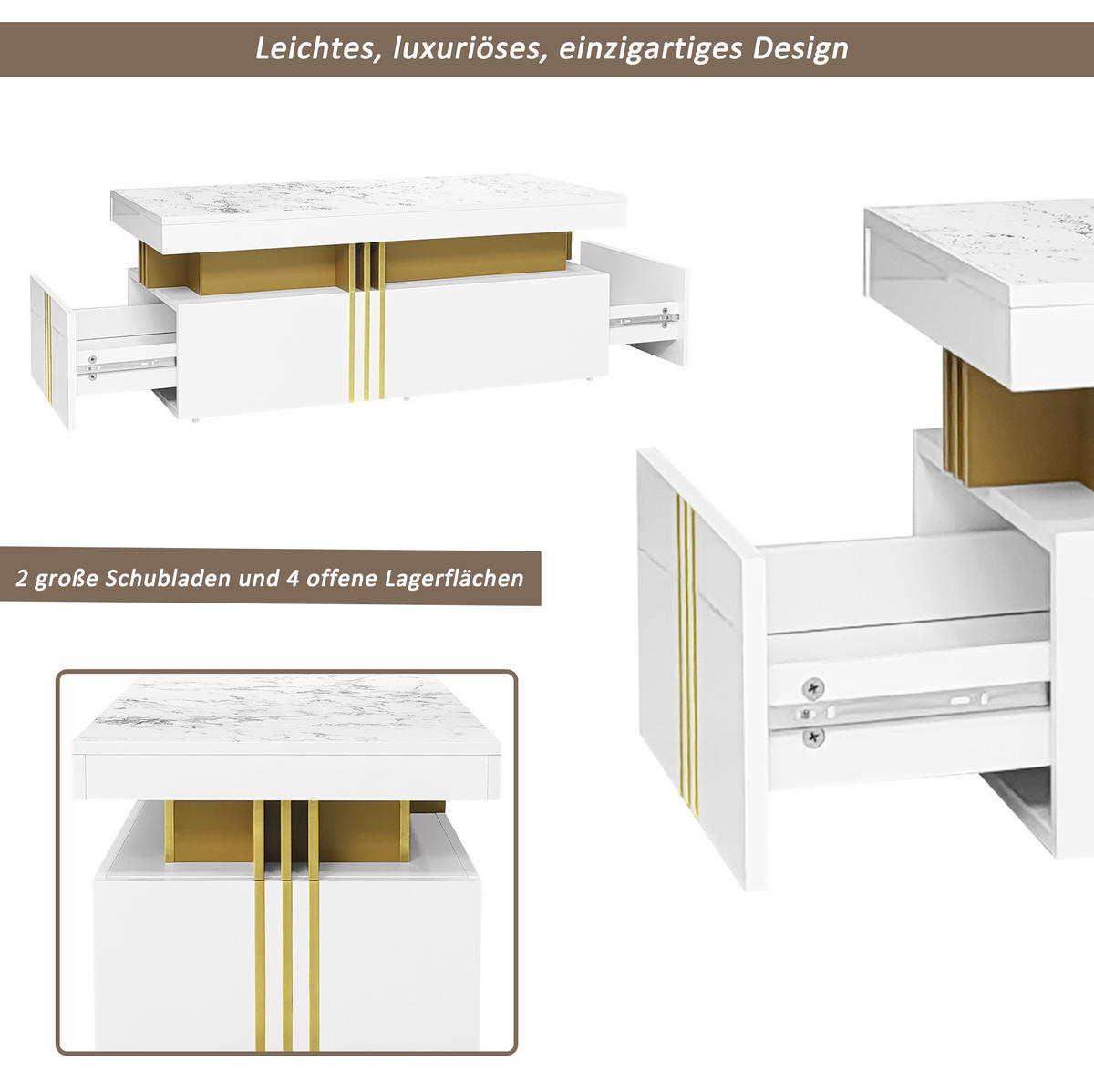 SET TV ormarića i klub stolića 200/40/42 cm i 100/50/40 cm s 5 ladica i mramornim izgledom, Bijela - bijela, drvni materijal (200/42/40cm) - Redom