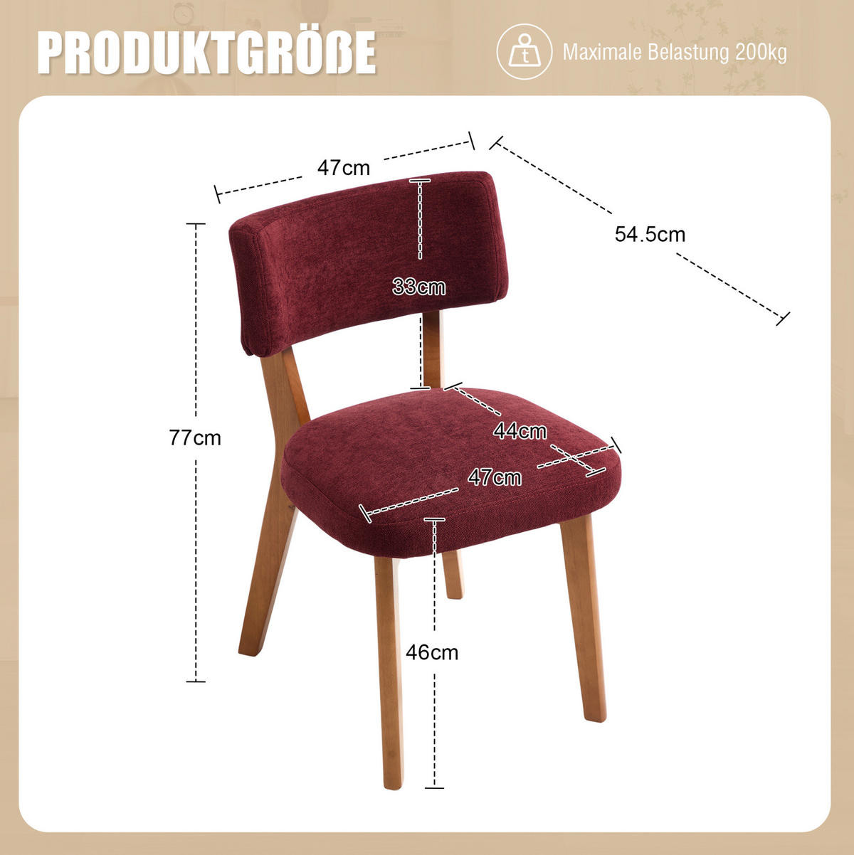 VIERFUSSSTUHL 54,5/47/77 cm weinrot aus Holz mit Stoffpolsterung - Weinrot, Holz (47/77/54.5cm) - OKWISH