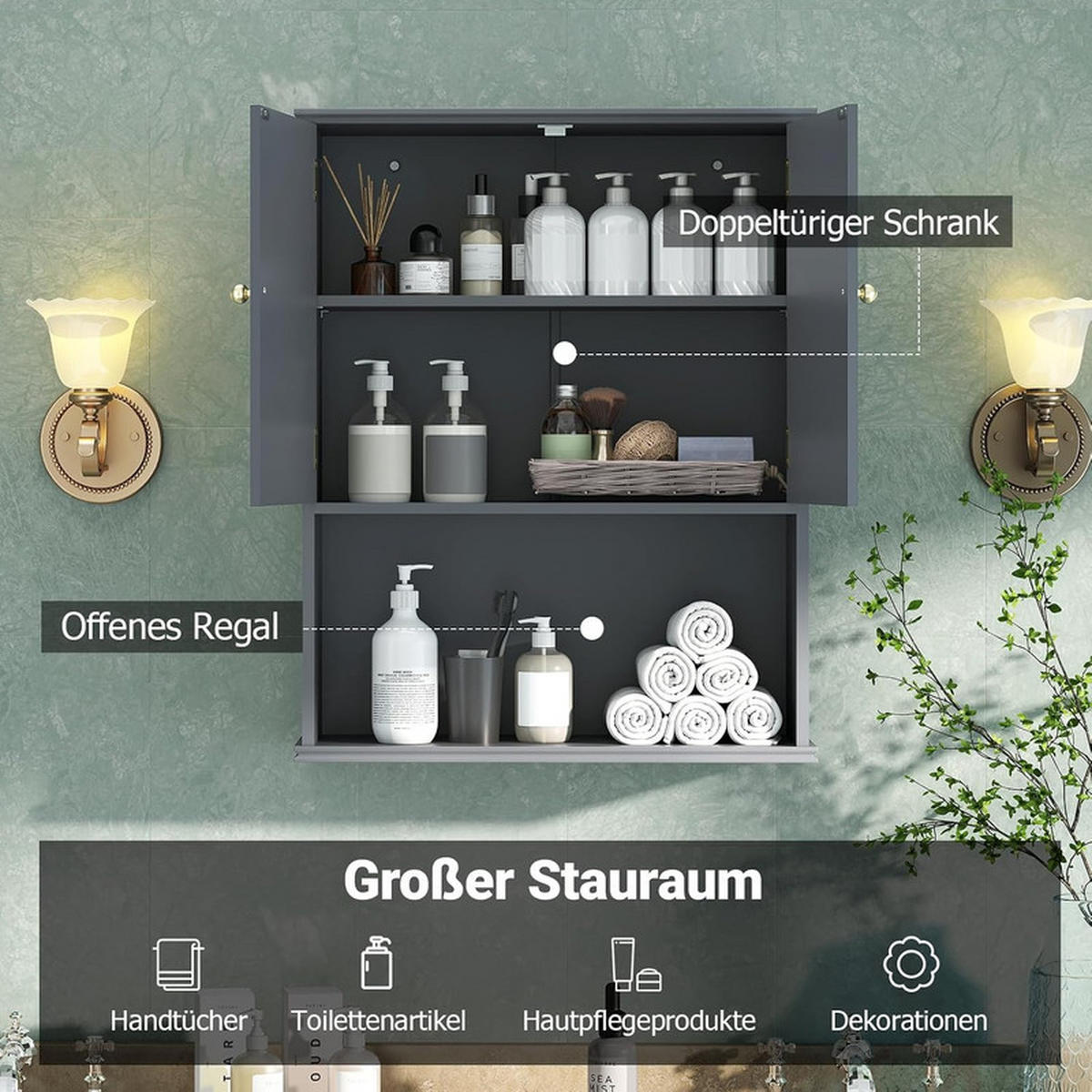 BAD-HÄNGESCHRANK mit 2 Türen grau - Grau, Holzwerkstoff (60/75/21cm) - COSTWAY