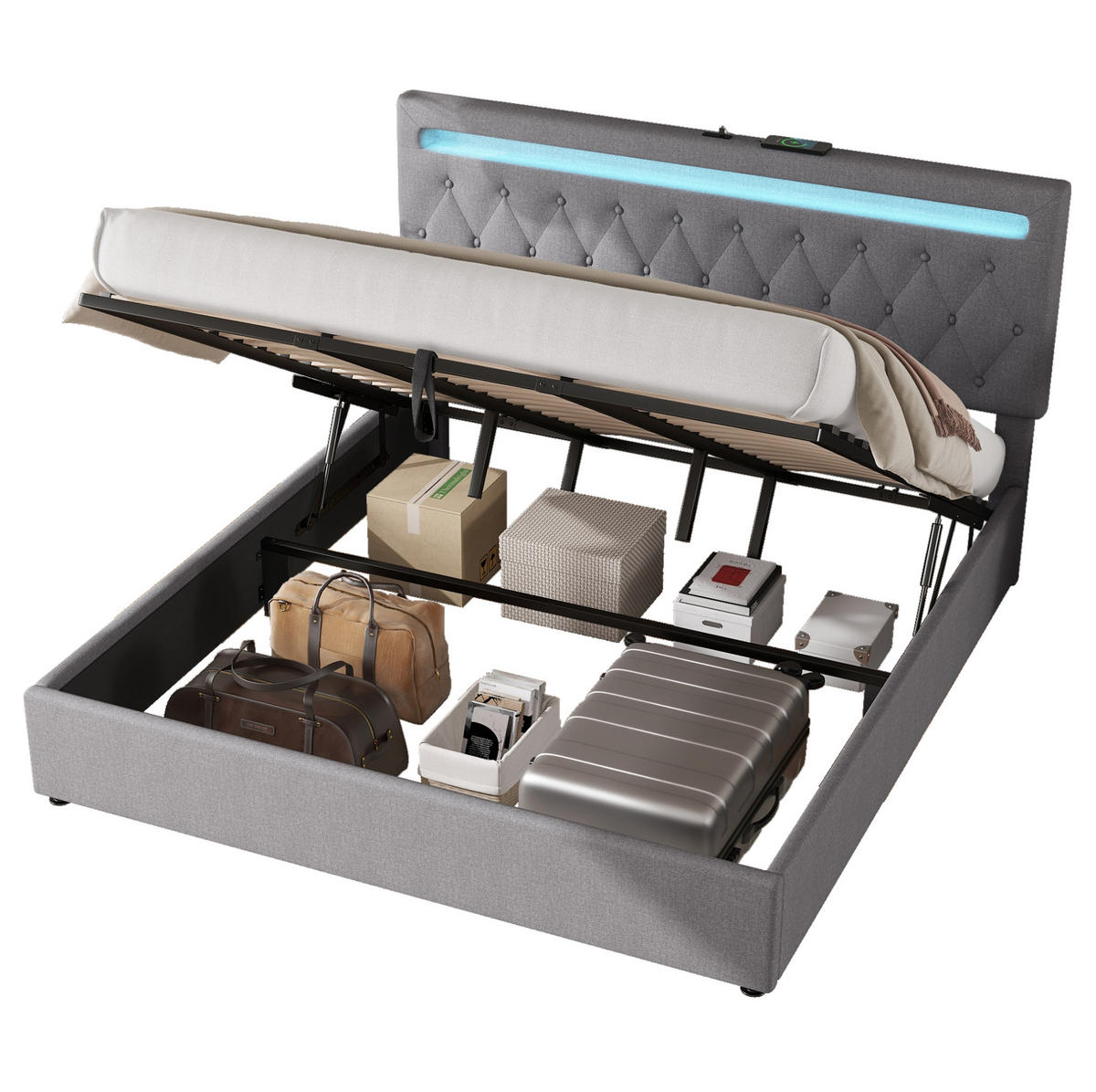BETT mit Stauraum 180x200 cm Leinen Grau 2 USB-Anschlüsse - Grau, Metall (180/200cm) - Meubliv