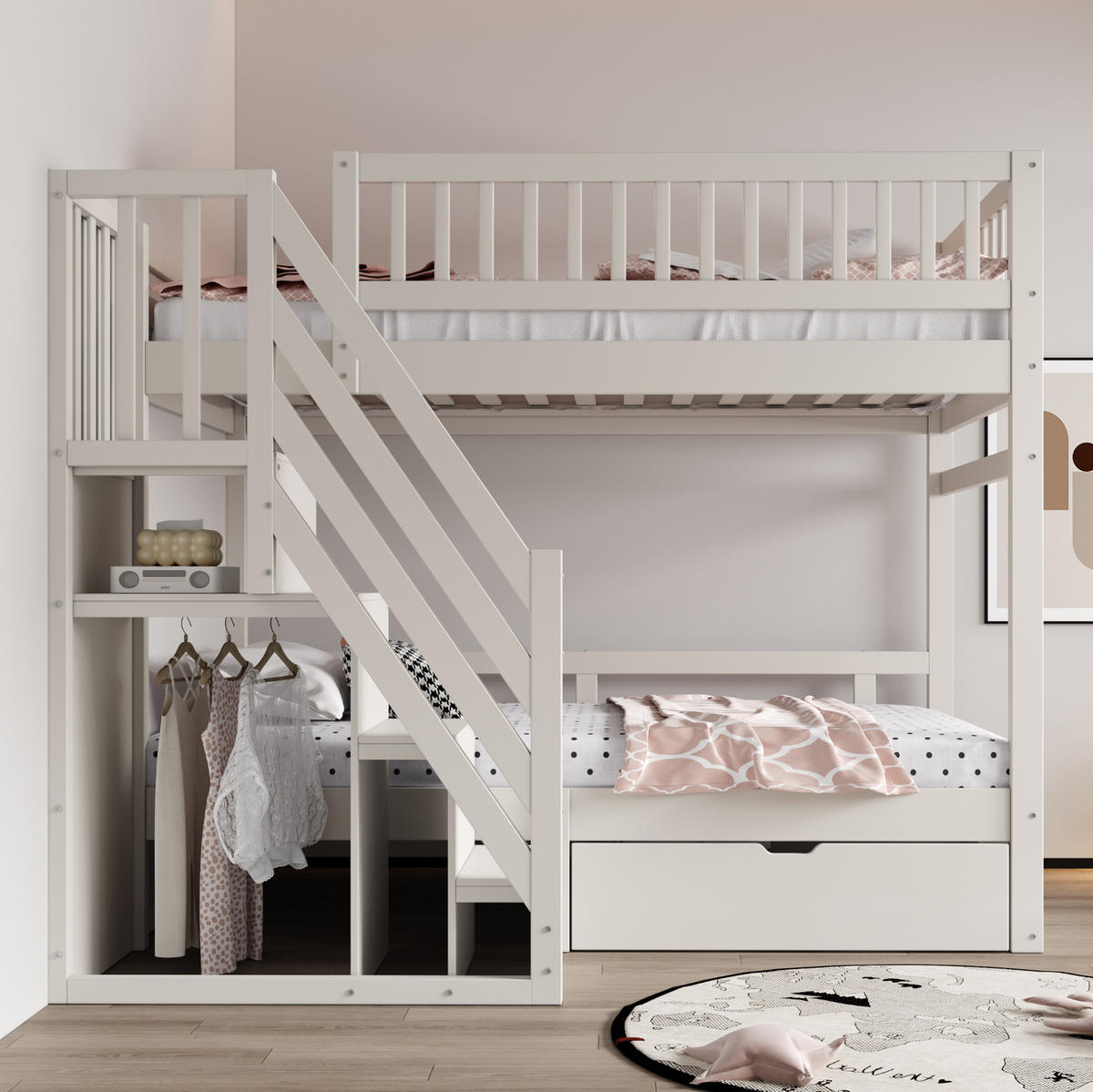 ETAGENBETT 90/200 cm Weiß aus Massivholz mit Stauraum und Lattenrost - Weiß, Holzwerkstoff (90/200cm) - Flora Grace