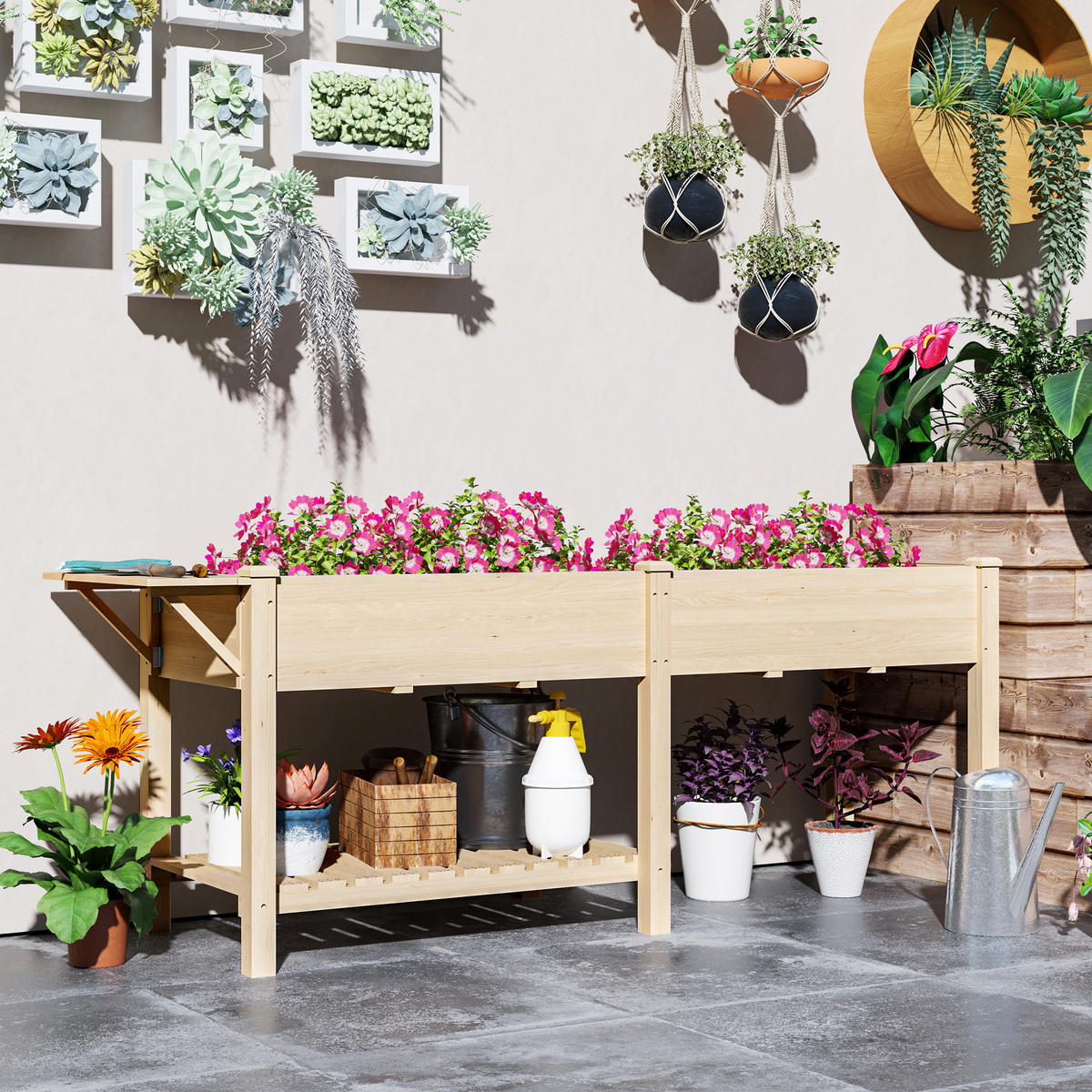 HOCHBEET DE-16014 2 Pflanzkästen mit Klapptisch Naturholz - Naturfarben, Holzwerkstoff (207/78/59cm) - ComfortXL