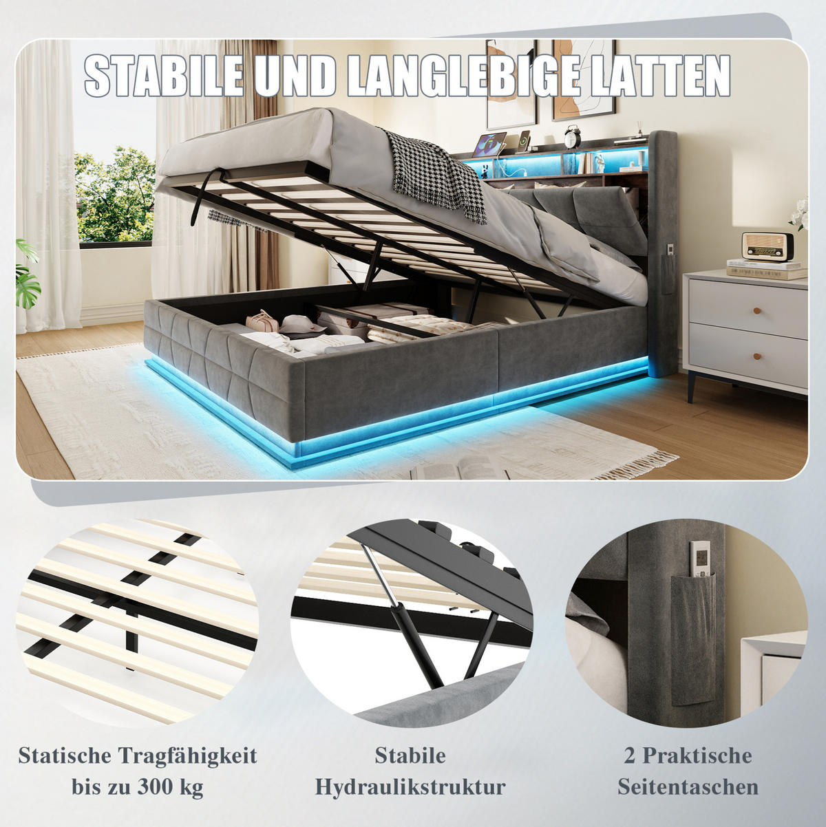 POLSTERBETT aus Velvet 160x200 cm in Dunkelgrau mit LED & USB/Type-C - Dunkelgrau, Textil (160/200cm) - Modfu