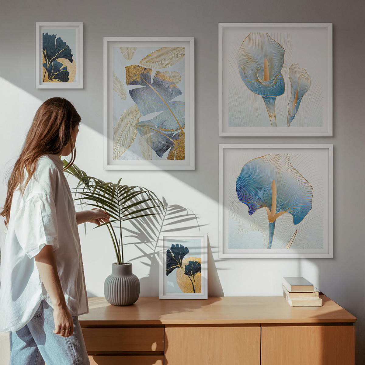 WANDBILDER 5er-Set - 50x50 cm & 20x30 cm & 40x60 cm Weißer Rahmen - Zitronenweinporträt Kahlo - Weiß, Kunststoff (40/60cm) - ArtPrintCave