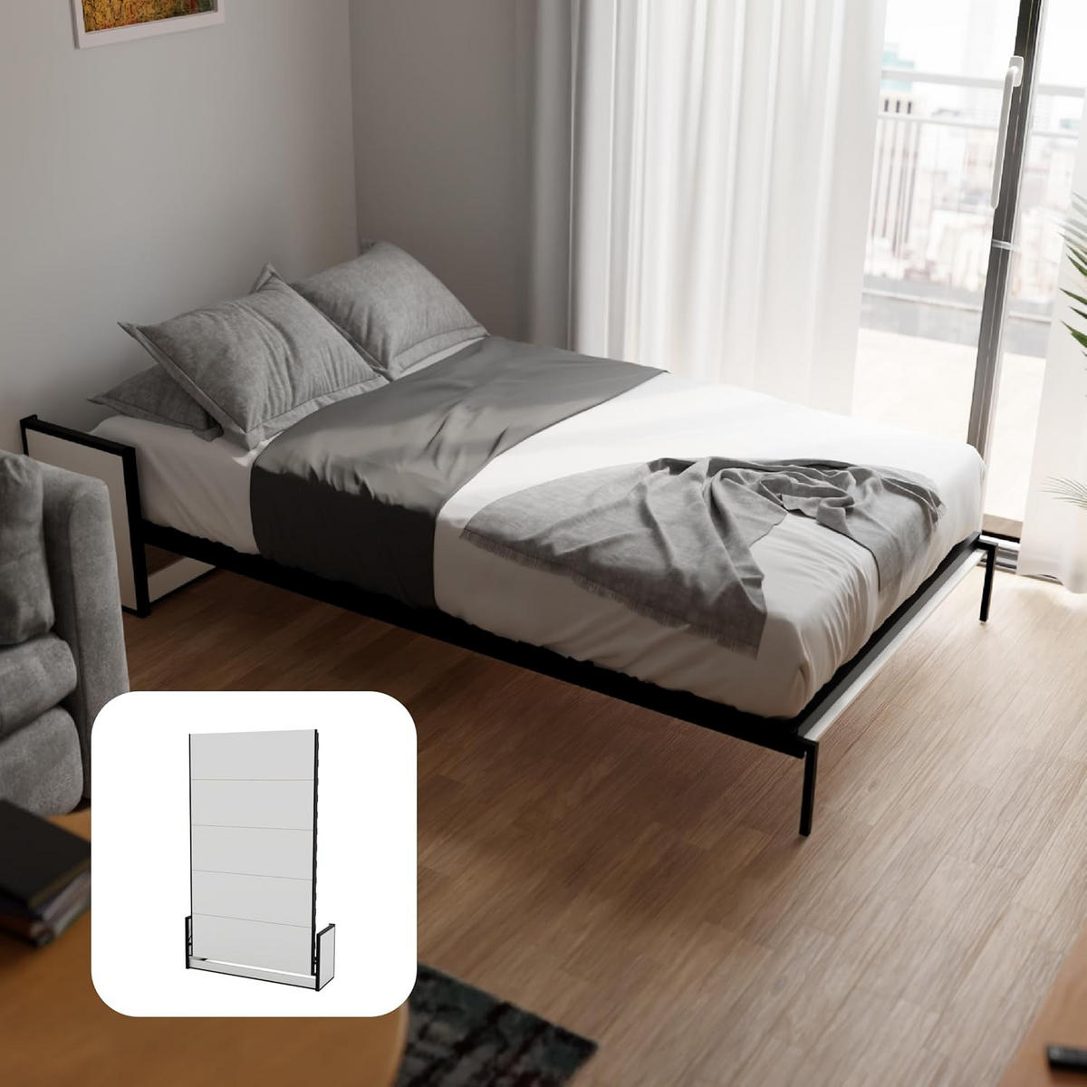 SCHRANKBETT Murphy Studio 120x200 Vertikal, mit Gasdruckfeder-Mechanismus - Schwarz/Graphitfarben, Holzwerkstoff/Metall (120/200cm) - WallBedKing