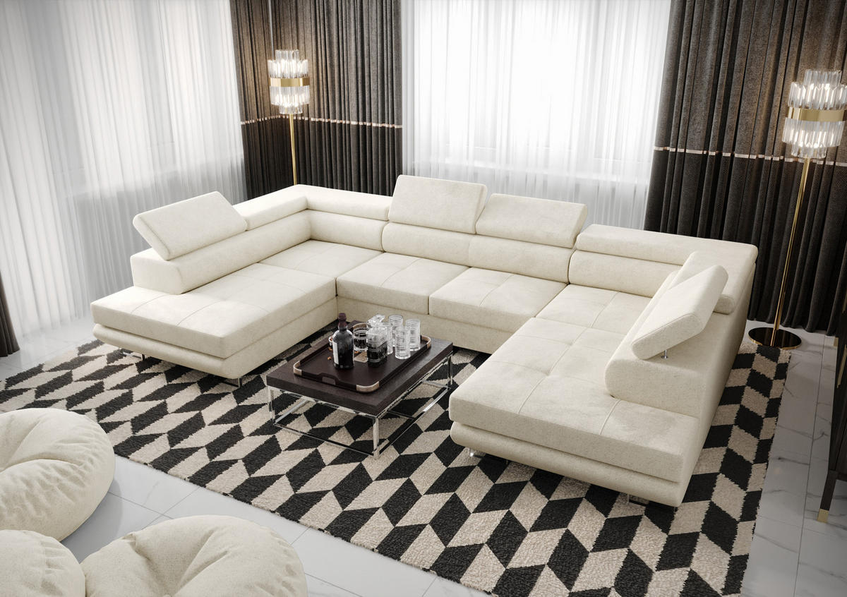 WOHNLANDSCHAFT PRAGA DESIGN U, Eckcouch in U-Form mit Schlaffunktion, Farbe: Beige, Velourstoff, Ottomane Universal - Beige, Textil (342/89/202cm) - O-Sofa