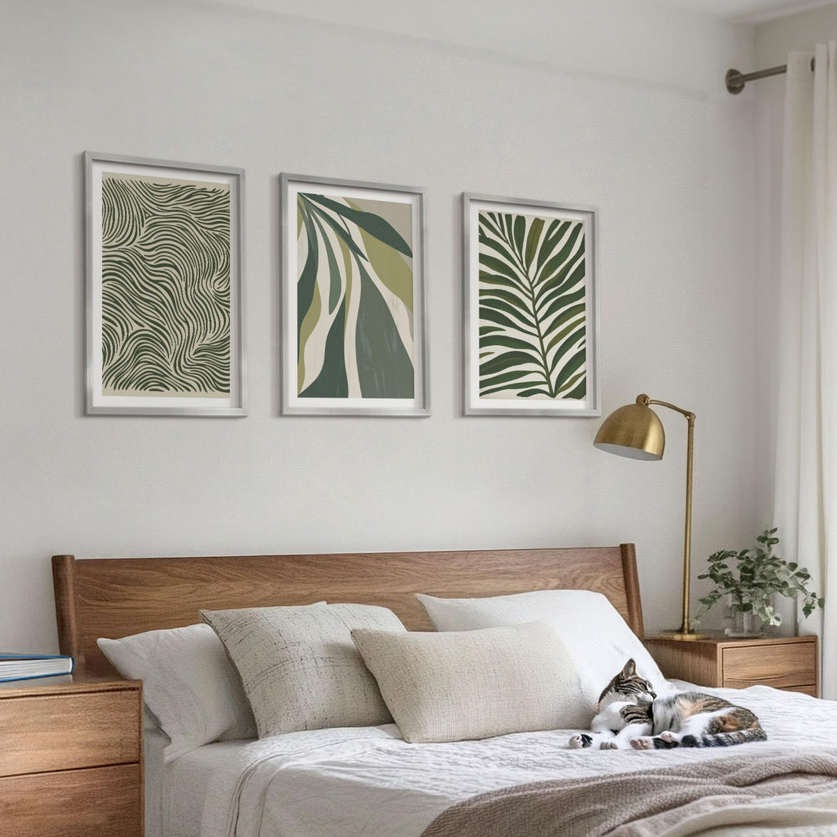 BILDER SET 3er Set - 40x60 cm Silberner Rahmen - Blätter mit wellenförmigen grünen Linien - Silberfarben, Kunststoff (40/60cm) - TULUP