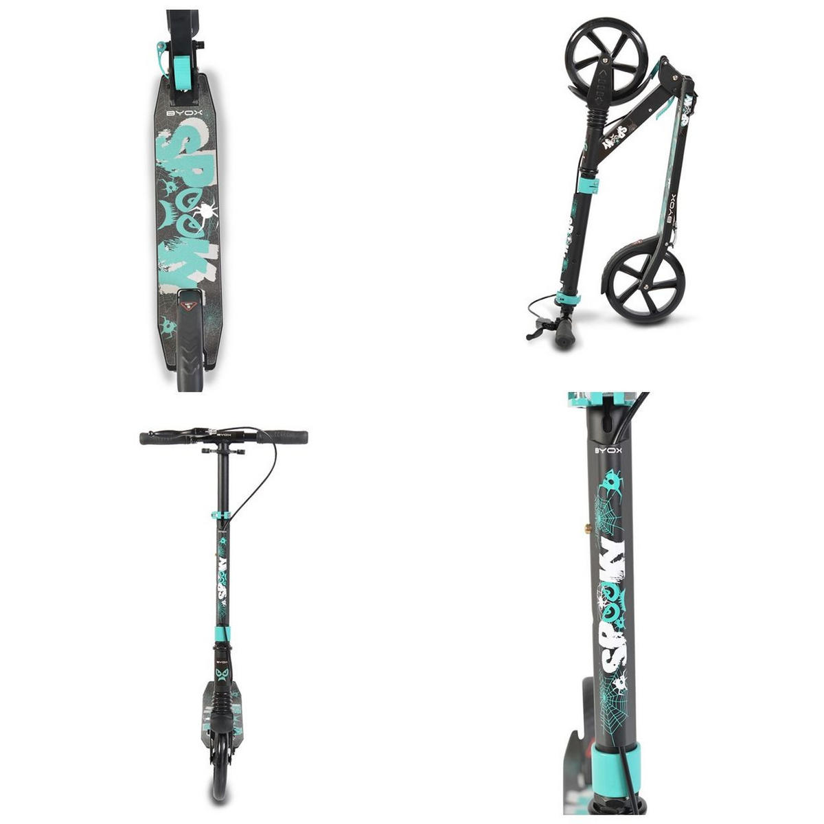 KINDERROLLER Spooky klappbar türkis bis 100 kg, Bremse, Stoßdämpfer vorne, ABEC-7 - Schwarz, Metall (85/40/95cm)