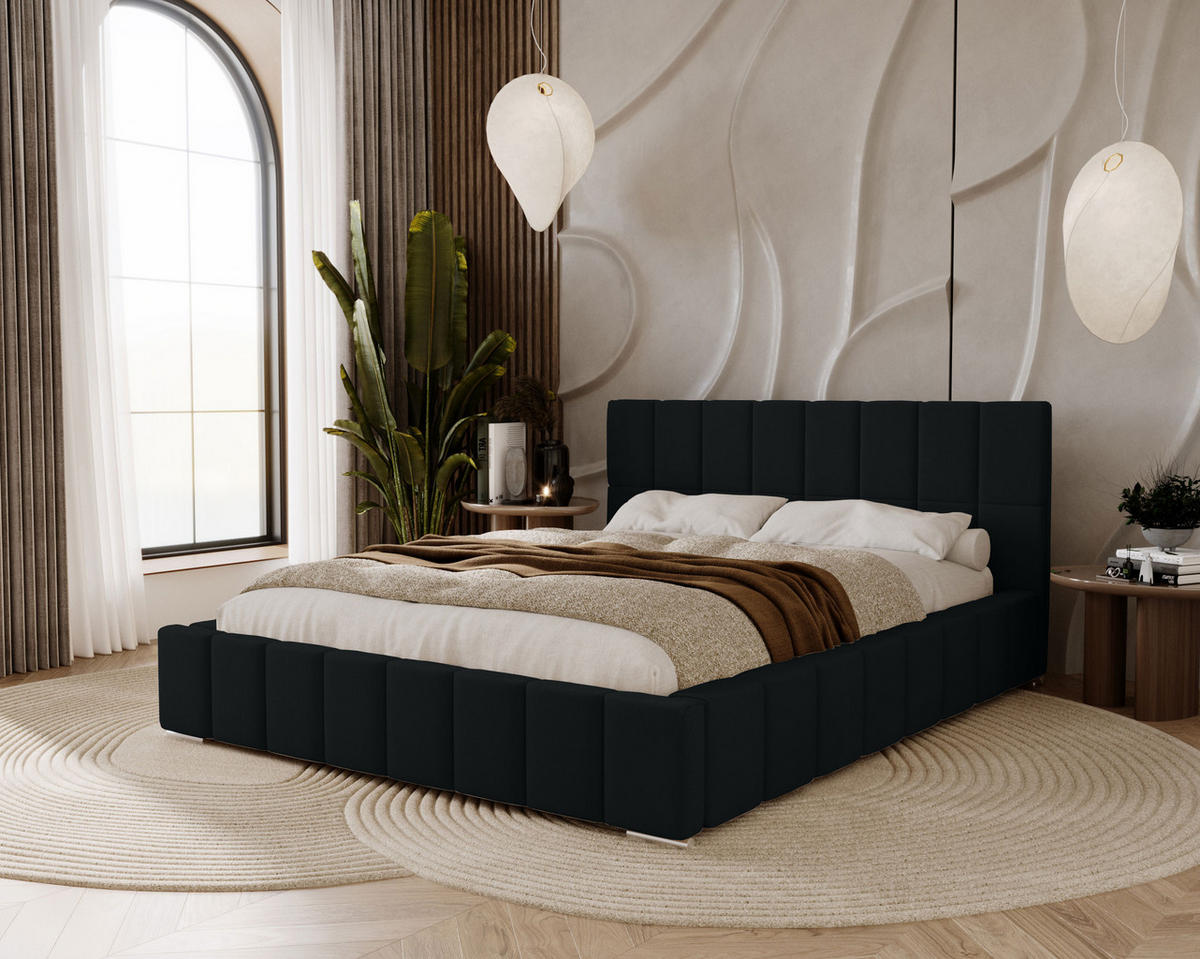 POLSTERBETT Alma 120x200 cm, Doppelbett mit Bettkasten, Lattenrost und Matratze aus Holz, Velourstoff: Schwarz - Schwarz, Holz/Kunststoff (120/200cm) - Marpur