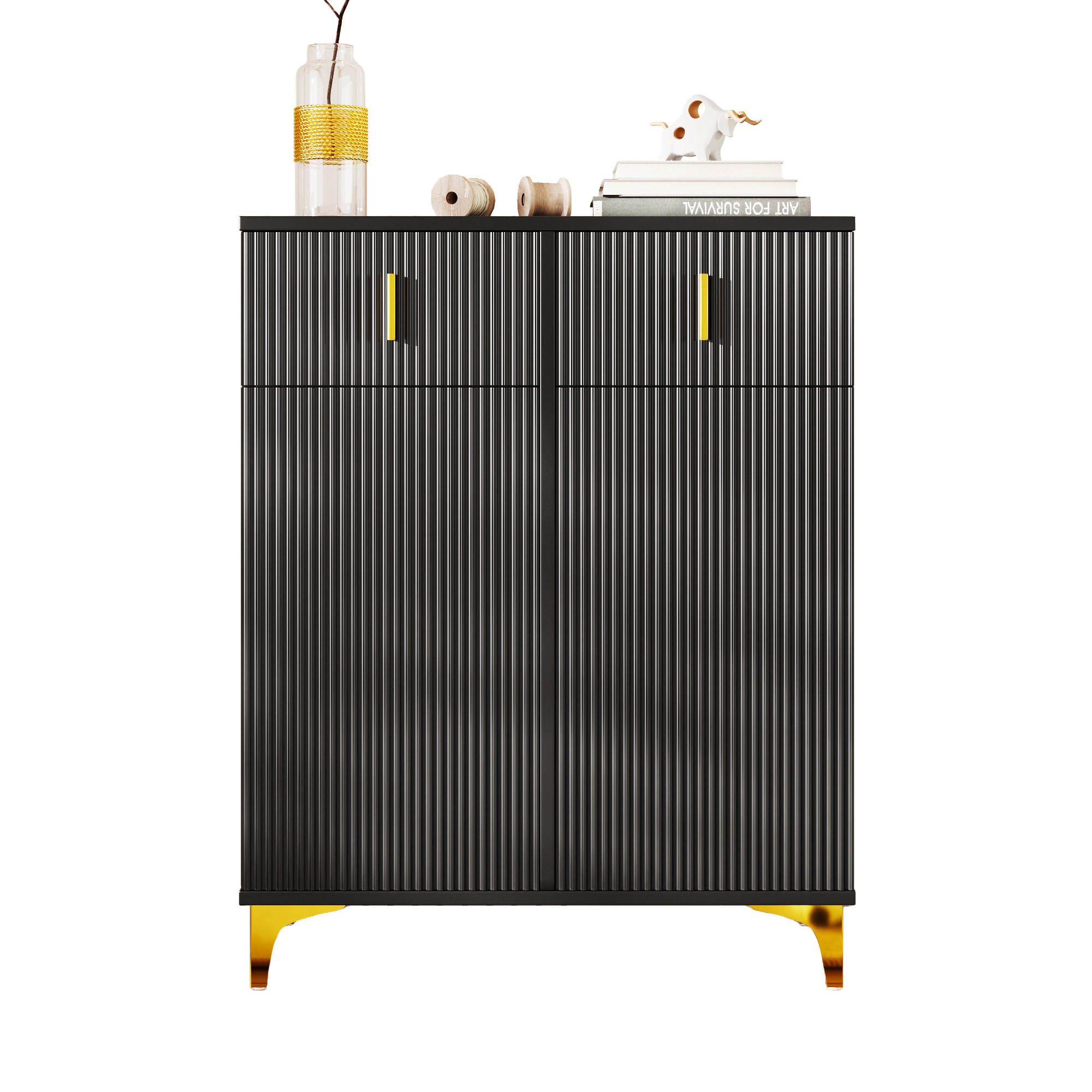 SCHUHSCHRANK mit 2 Schubladen und 2 Türen, strukturierte Paneele mit vergoldeten Akzenten, 83/35/101 cm, Schwarz - Schwarz, Holzwerkstoff (83/35/101cm) - Redom