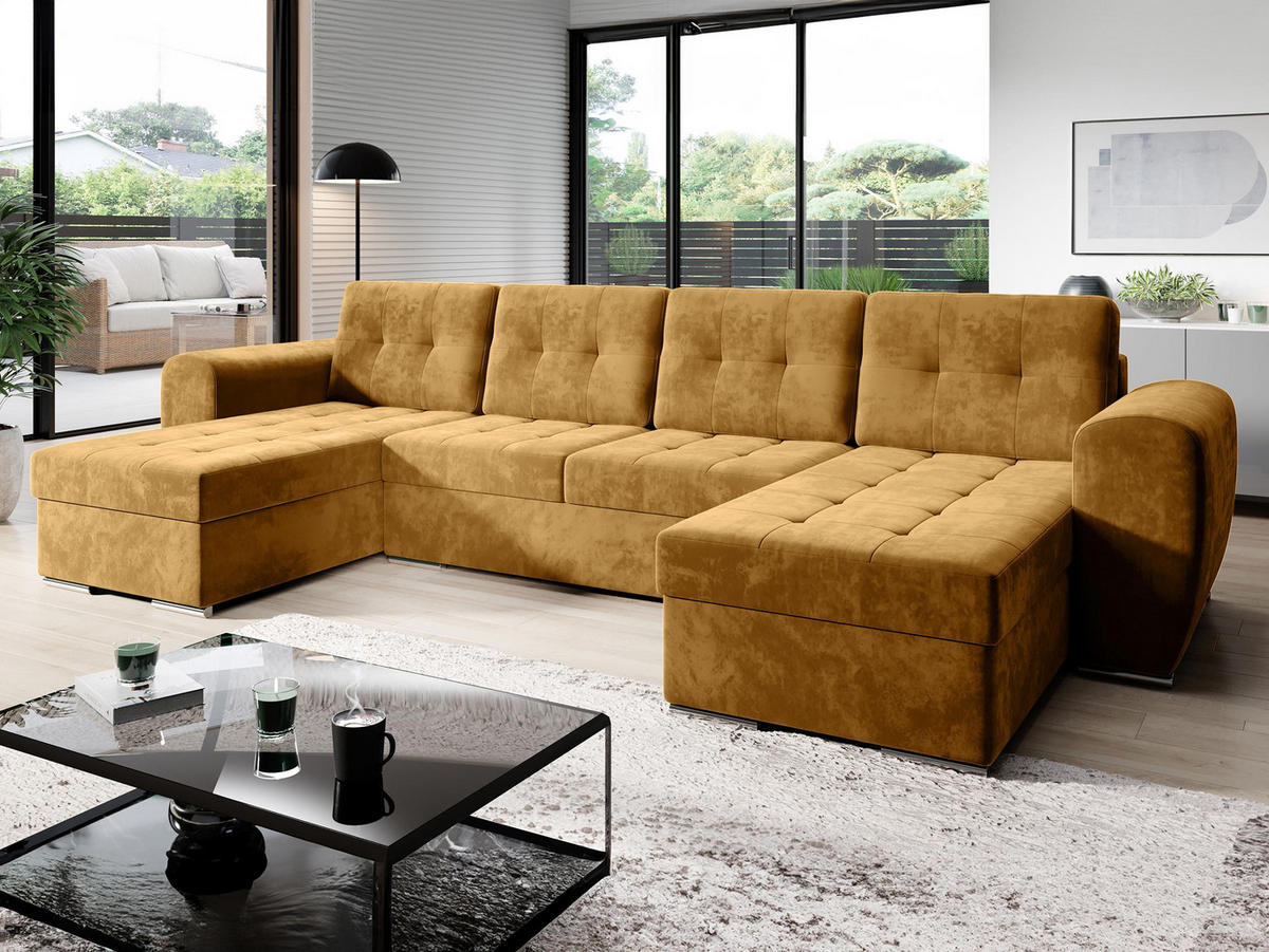 WOHNLANDSCHAFT Bari U - Currygelb/Silberfarben, Holz/Textil (326/86/157cm) - MIRJAN24