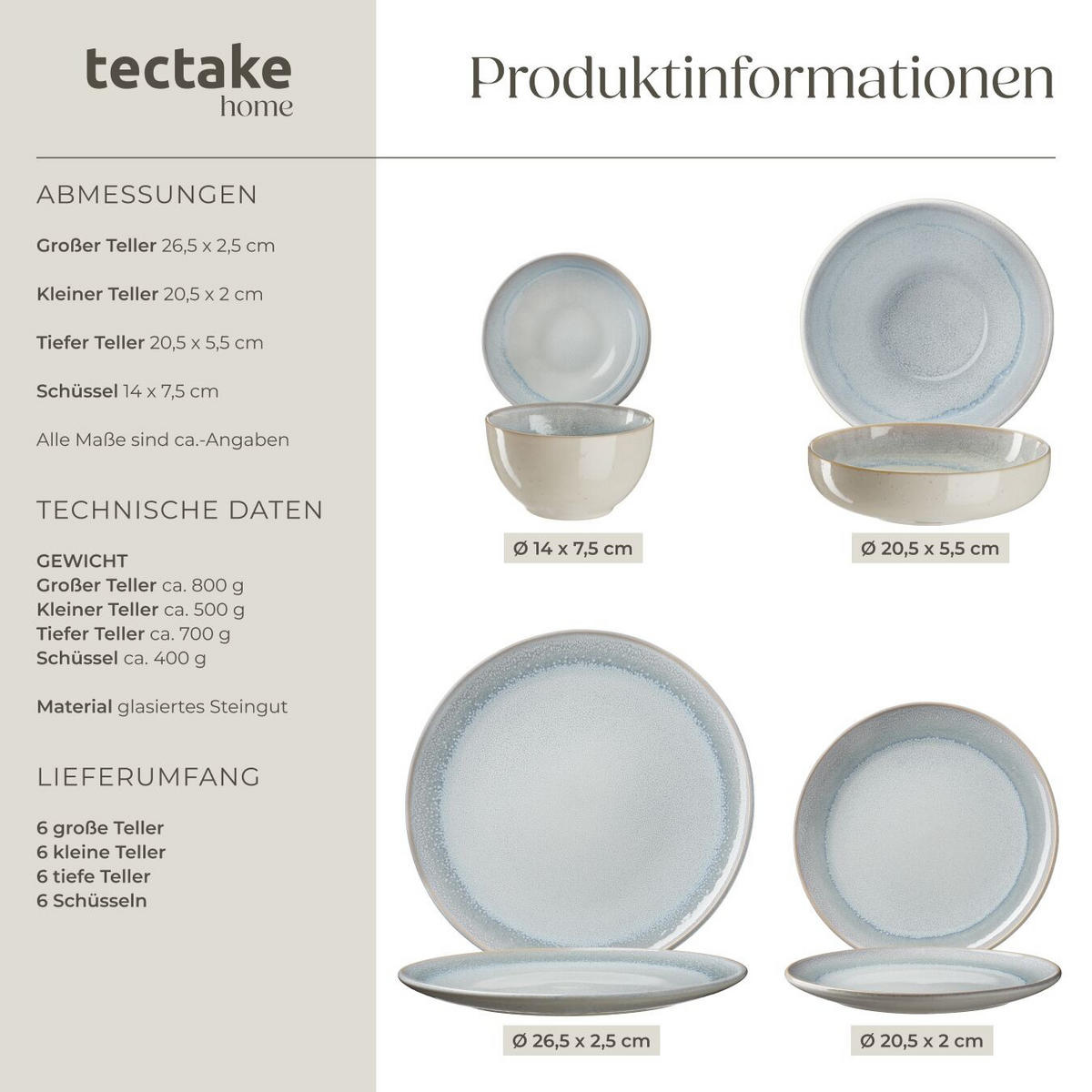 TAFELSERVICE Mare, ineinander stapelbar, Sand - Sandfarben, Keramik (26.5/2.5/26.5cm) - tectake