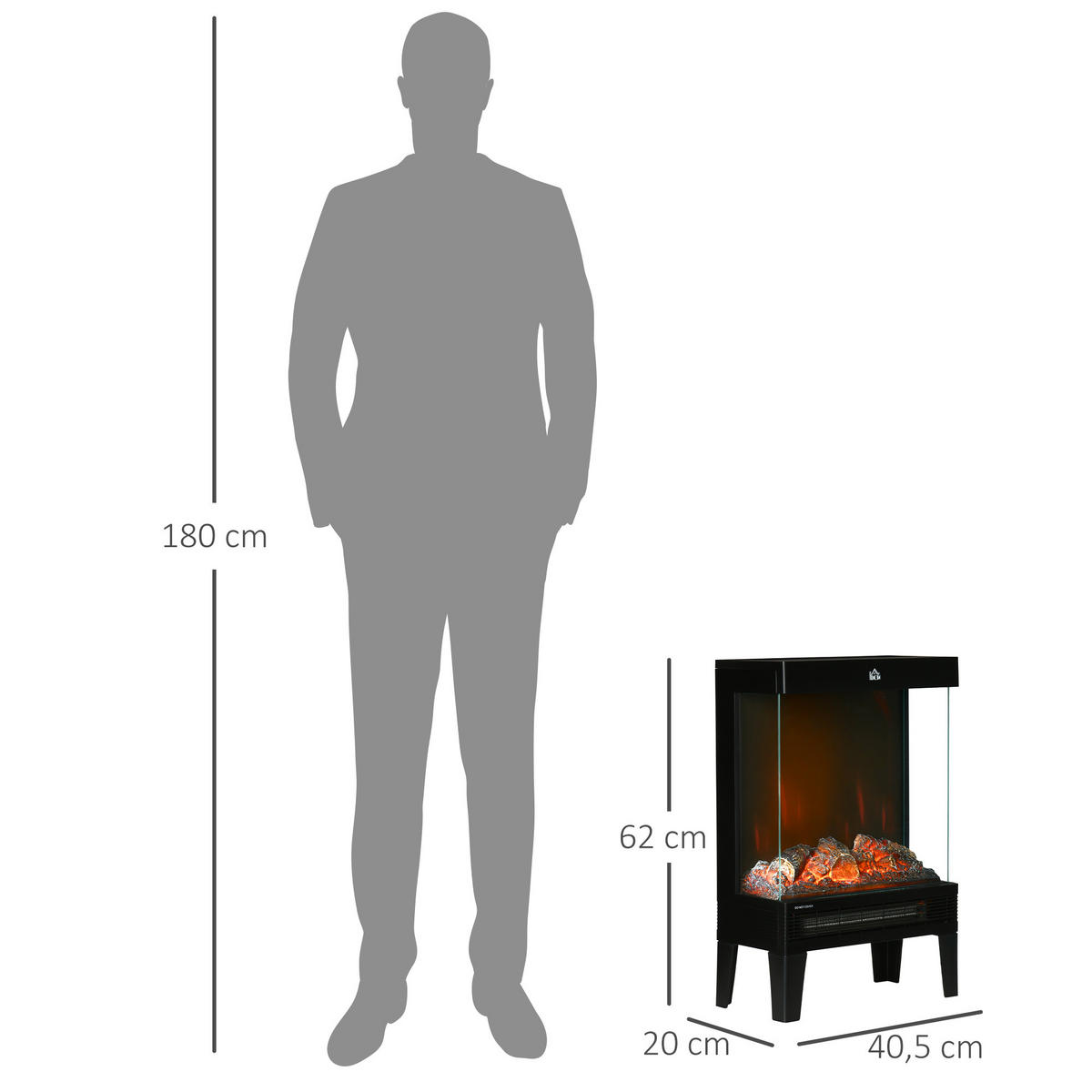 ELEKTROKAMIN 1000 W/2000 W Standkamin LED 3D-Flammeneffekt 4 Helligkeitsstufen - Schwarz, Metall (20/62/40.5cm) - HOMCOM