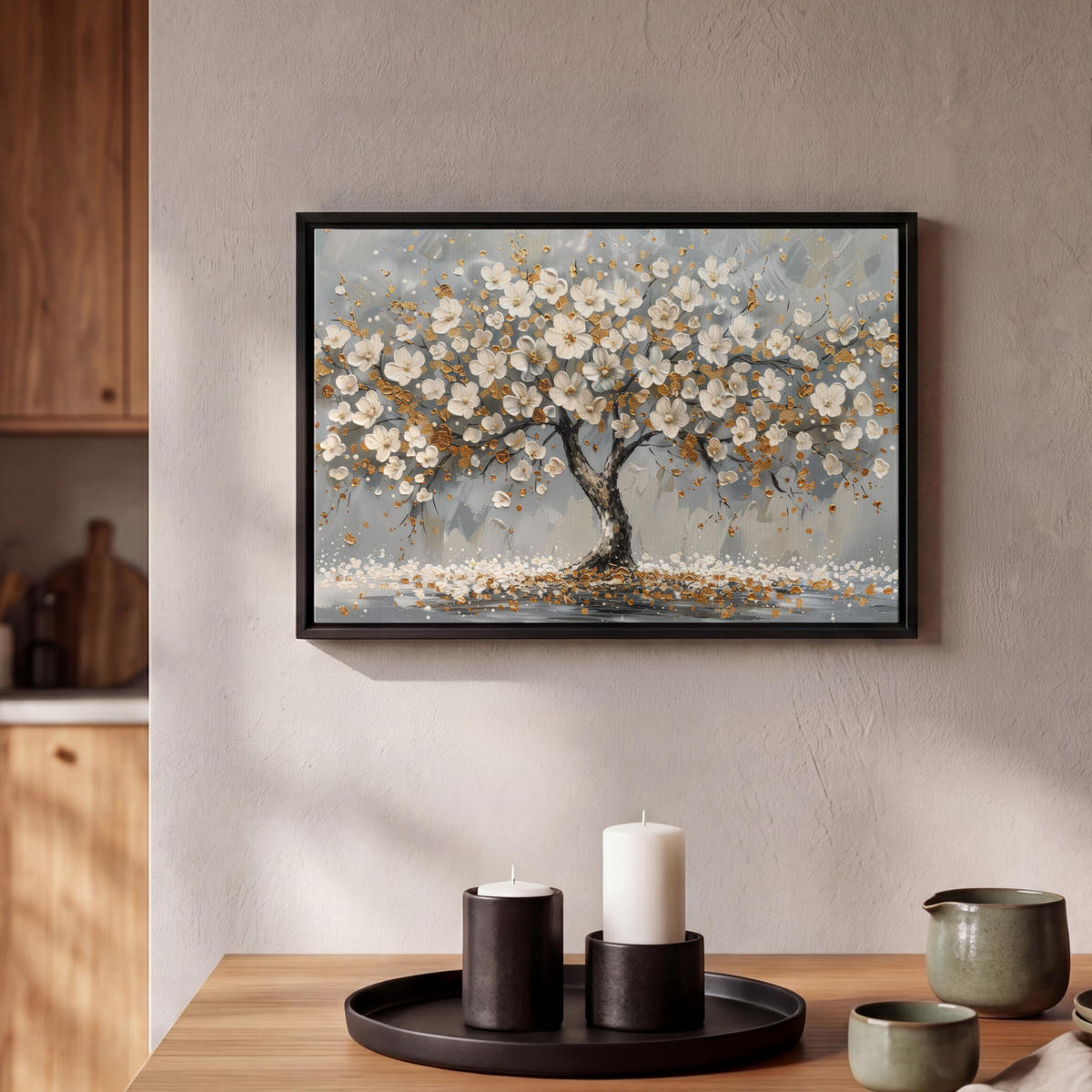 LEINWAND Bilder mit Rahmen - Baum - Blumen - Weiß - Natur - Kunst - 30x20 - Weiß, Textil (30/20cm) - MuchoWow