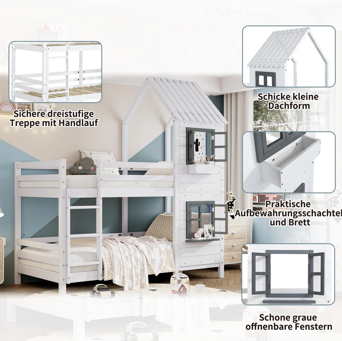 ETAGENBETT 90/200 cm in Weiß/Grau mit Fenster, Hausdesign und Fallschutz - Weiß, Holzwerkstoff (90/200cm) - OKMYHOME