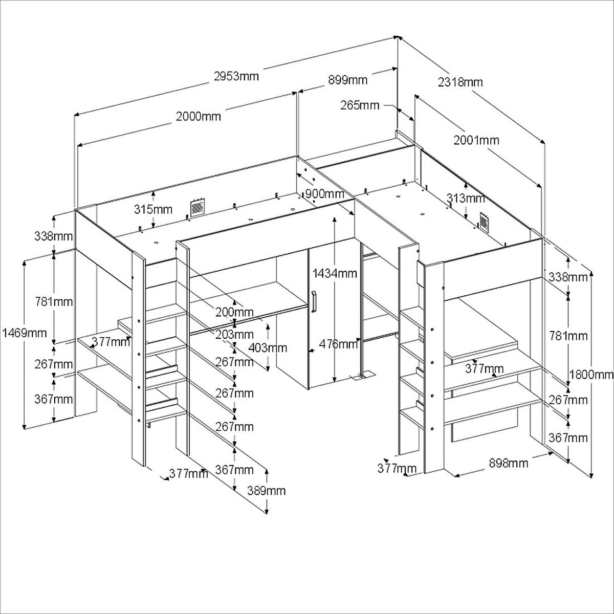HOCHBETT weiß, Eiche, Kinderzimmer mit 2x Bett Liegefläche 90 x 200 cm - Eichefarben/Silberfarben, Holzwerkstoff/Kunststoff (90/200cm) - Parisot Meuble