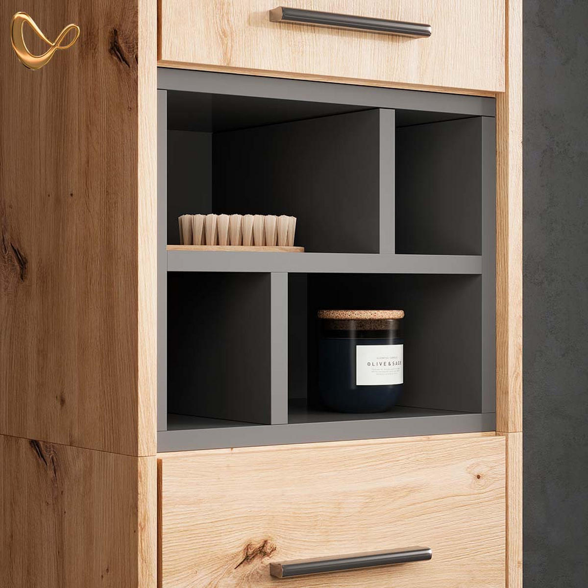 BADSCHRANK Temo Artisan Eiche/Anthrazit 38 x 190 cm mit Türen, Schublade und offenen Fächern - Anthrazit/Eiche Artisan, Holzwerkstoff (38/190/30cm) - Livinity®