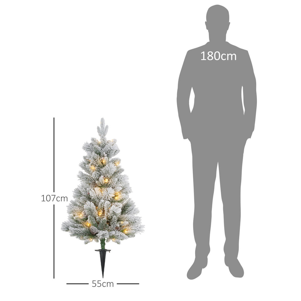 107 cm umělý vánoční stromek, sada 2 ks se 100 LED světly, nehořlavý - bílá/zelená barva, kov/plast (107cm) - HOMCOM