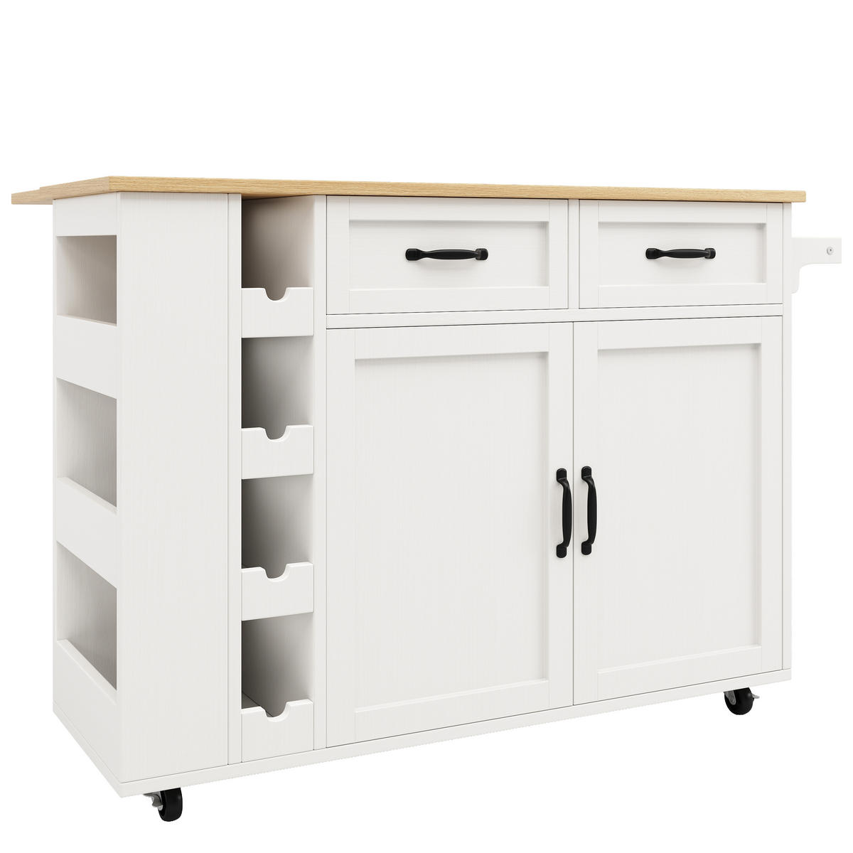 KÜCHENINSEL Weiß 131,5/43-76/90,7 cm Klappbar fahrbar mit Steckdosenleiste - Weiß, Holzwerkstoff (131.5/90.7/43cm) - PANGIVO