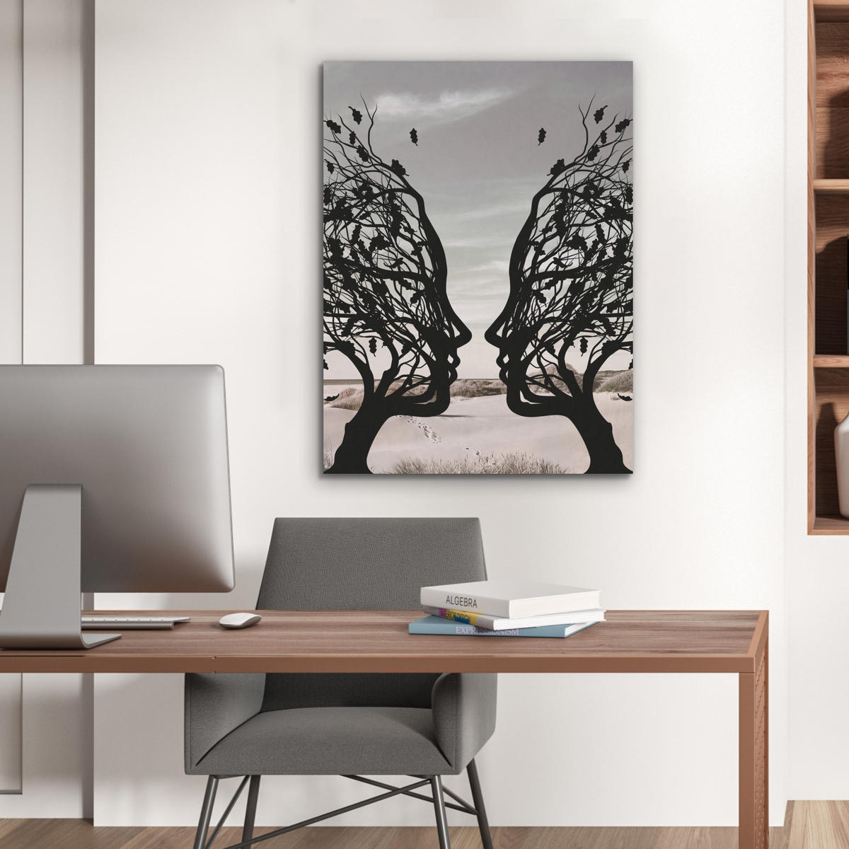 AKUSTIKPANEEL Strand - Meer - Menschen - Baum - Moderne Kunst 60x80 cm - Hellgrau, Textil (60/0.9/80cm) - MuchoWow