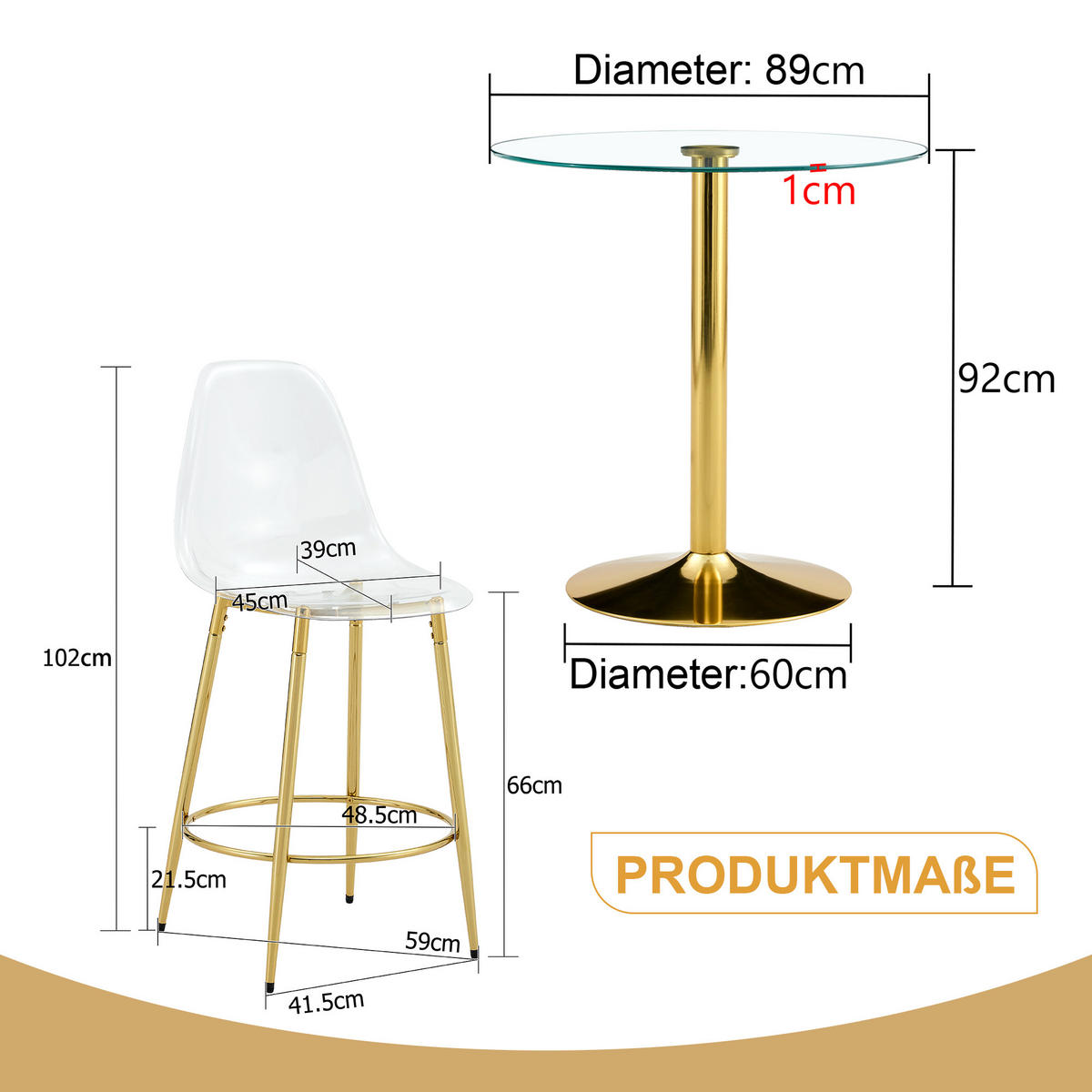 BARTISCH-SET DE-39404 3-teilig, Glastisch und 2 Hocker Gold - Goldfarben, Metall (89/92/89cm) - ComfortXL