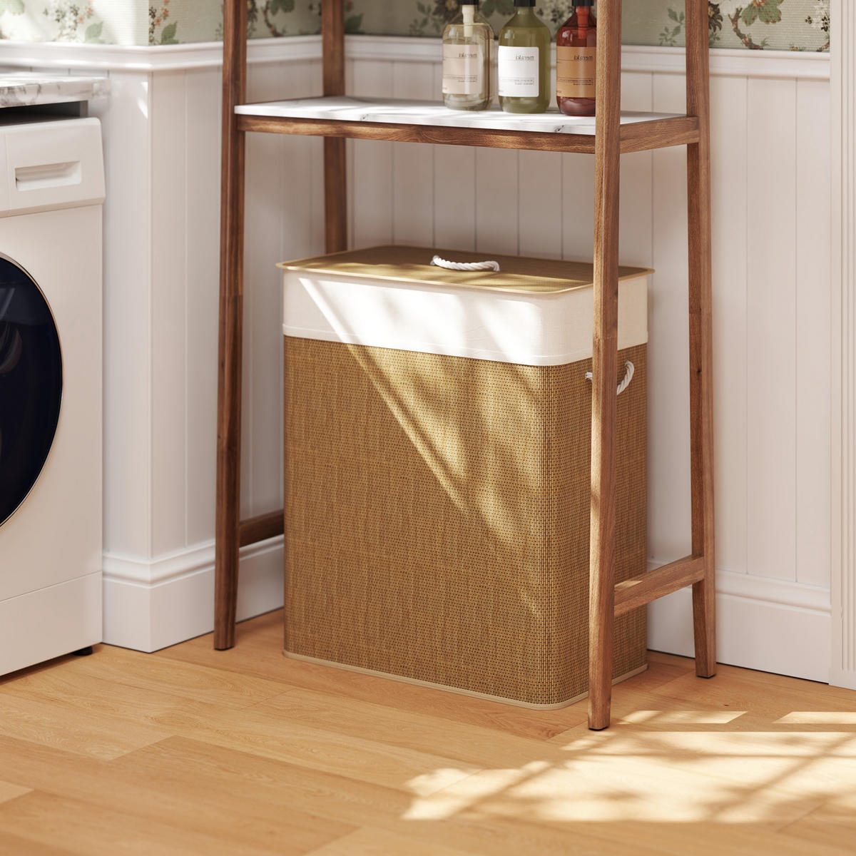 BAMBUS Wäschekorb mit Deckel 2 Fächer 100 L Braun - Braun, Naturmaterialien (52/63/32cm) - HOMCOM
