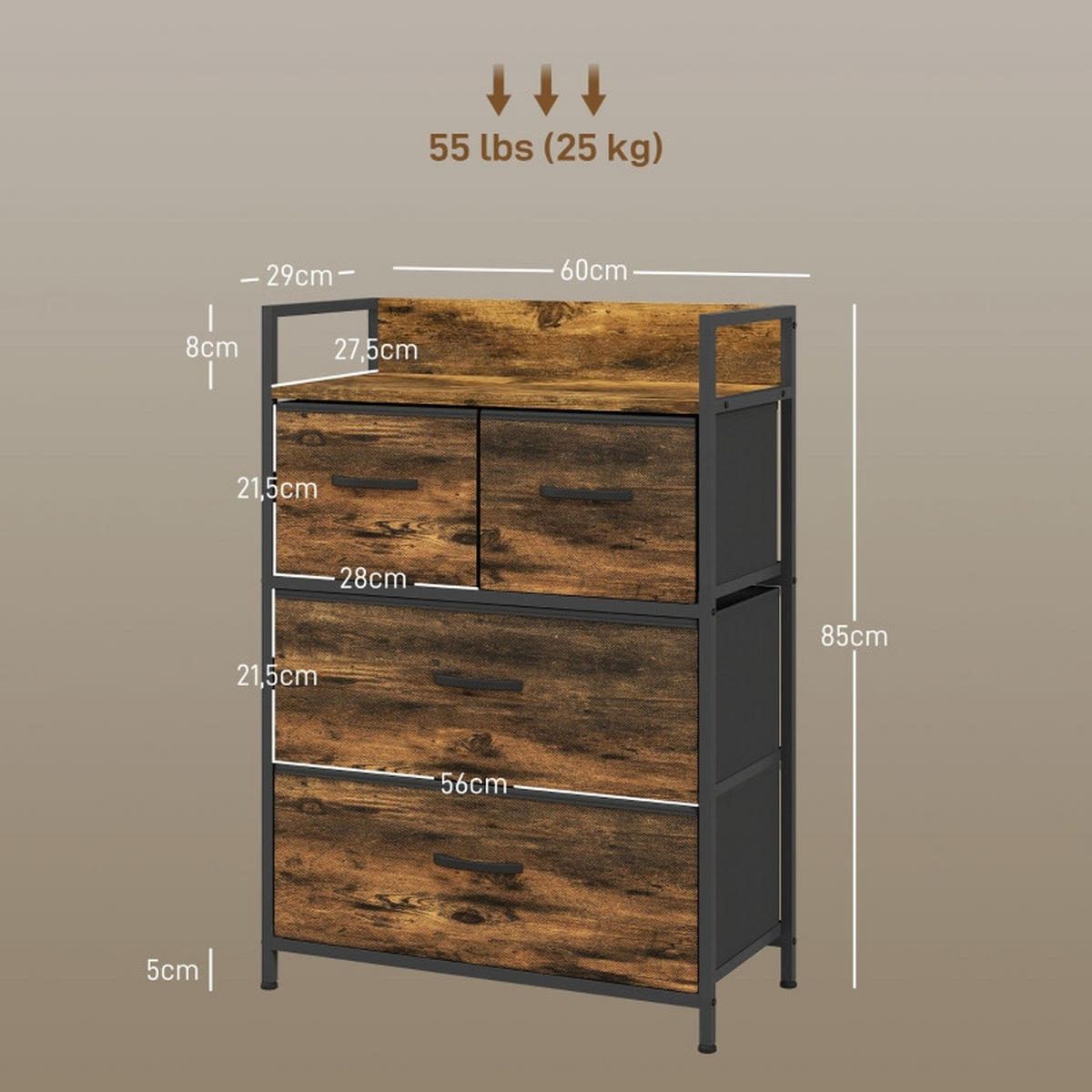 KOMMODE DE-38793 60/29/85 cm 4 Stoffschubladen und Ablage Braun/Schwarz - Braun, Holzwerkstoff (60/85/29cm) - ComfortXL
