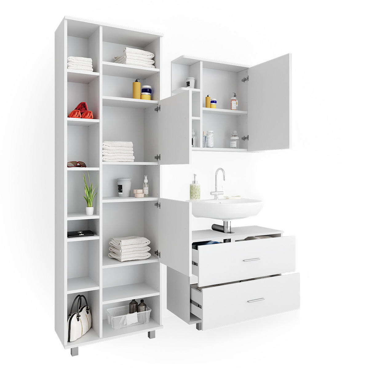 BADMÖBEL-SET Ilias Weiß 3 Teile, mit Hochschrank - Weiß, Holzwerkstoff (80.2/60.8/33cm) - Vicco