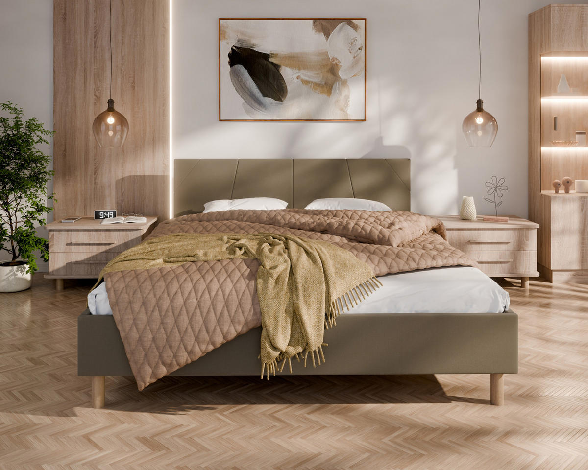 POLSTERBETT ALMORE 160x200cm Elegantes Polsterbett für modernen Wohnstil , Taschenfederkernmatratze mit kokos KORNOS (20cm), braun - Braun, Holz - Homesy