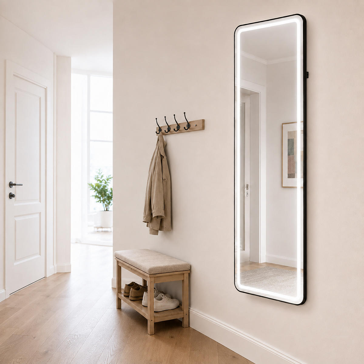 OGLEDALO Crno pravokutno LED rasvjeta 160x50 cm - crna, staklo/drvni materijal (50/160/4.5cm) - Relaxdays