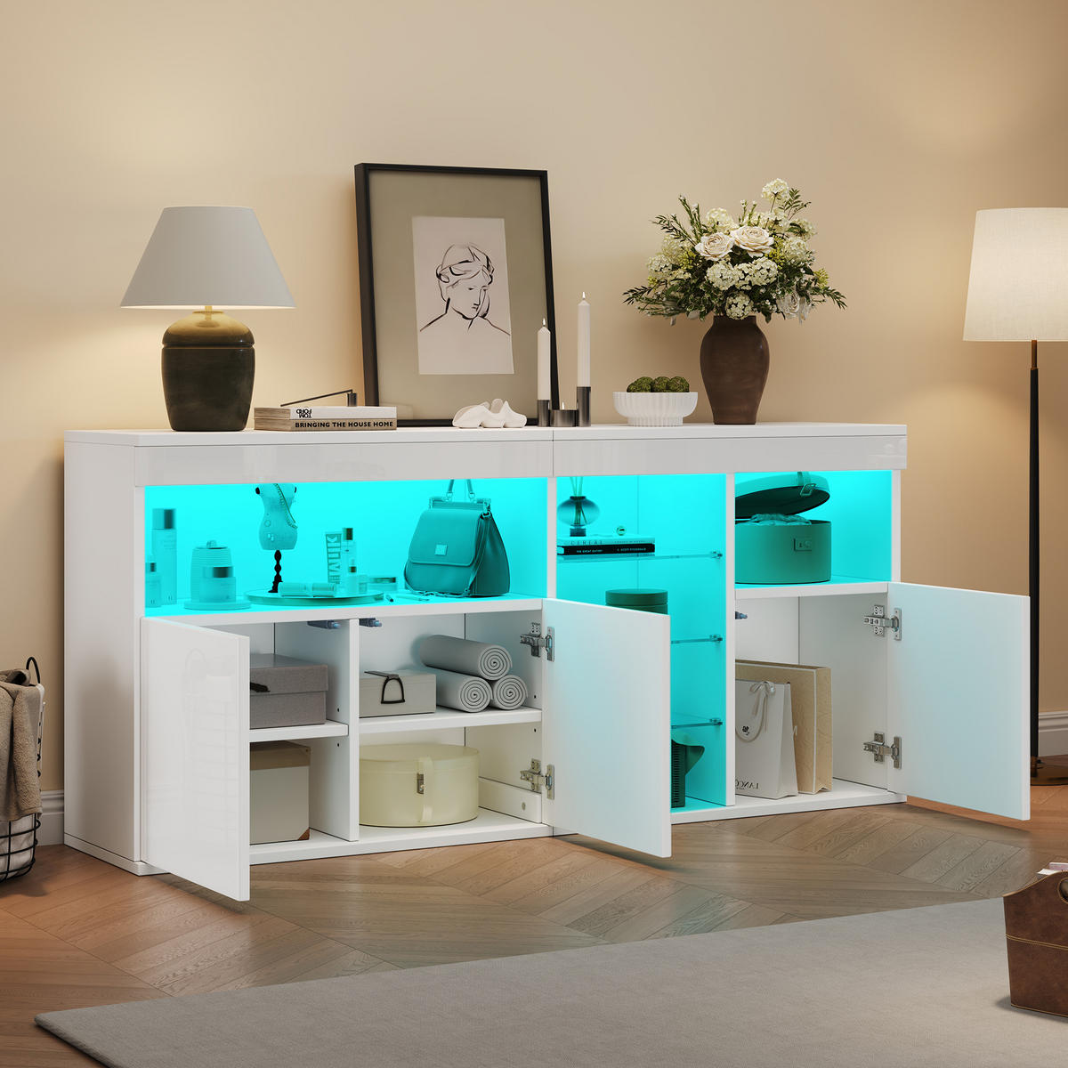 SIDEBOARD LED Hochglanz 3 Türen Glasfächer Weiß 155,5cm modern - Weiß, Holzwerkstoff (35/72/155.5cm) - FLIEKS