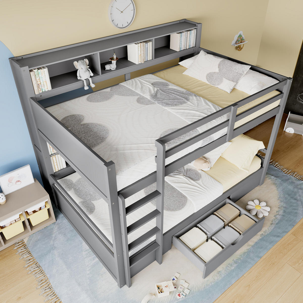 ETAGENBETT 90/200 cm Grau aus Kiefernholz mit Stauraum und Schubladen - Grau, Holz (90/200cm) - OKWISH