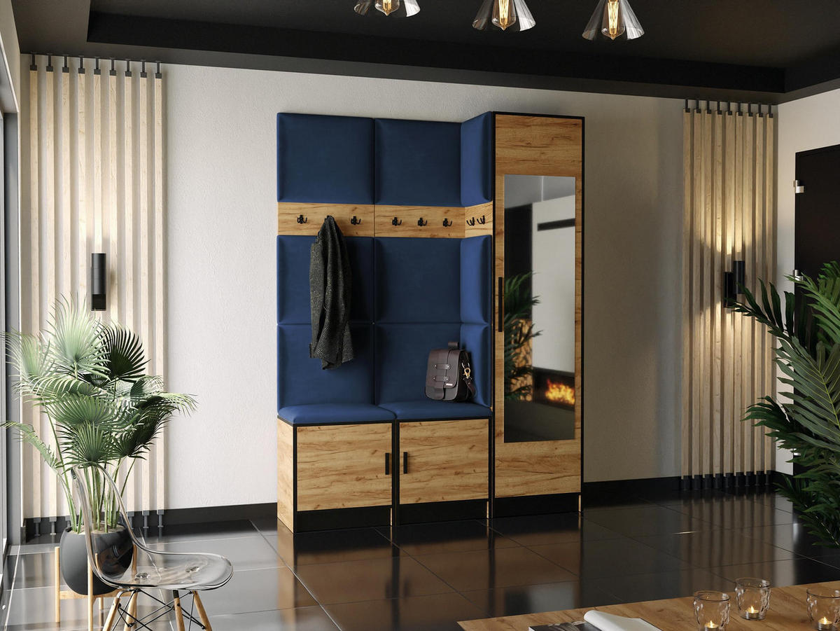 GARDEROBE ROJ 20 - 159,6x205x39cm Eiche Craft Gold + Stoff Blau - Honigeiche/Dunkelblau, Holzwerkstoff (159.6/205/39cm) - Kier Furniture