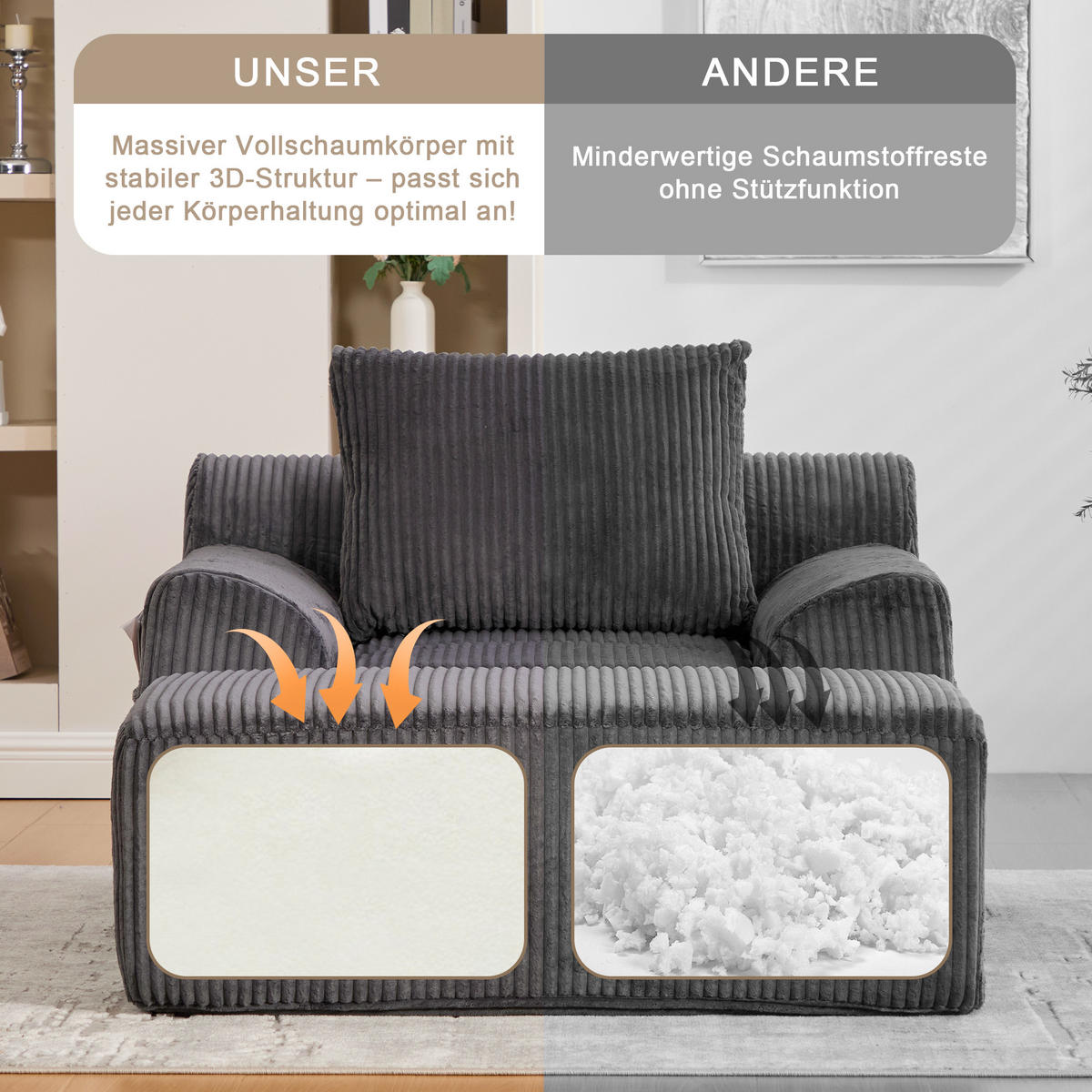 SESSEL mit Hocker in Cord Übergroßer Relaxsessel - Dunkelgrau, Textil (147/67/110cm) - Urban Meuble