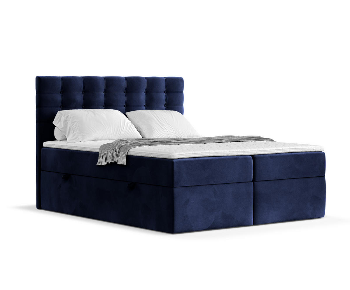 BOXBETT Sansa Marineblau 140/200 cm mit Taschenmatratze und Topper - Schwarz/Dunkelblau, Holz/Holzwerkstoff (140/200cm) - Maison de Reve