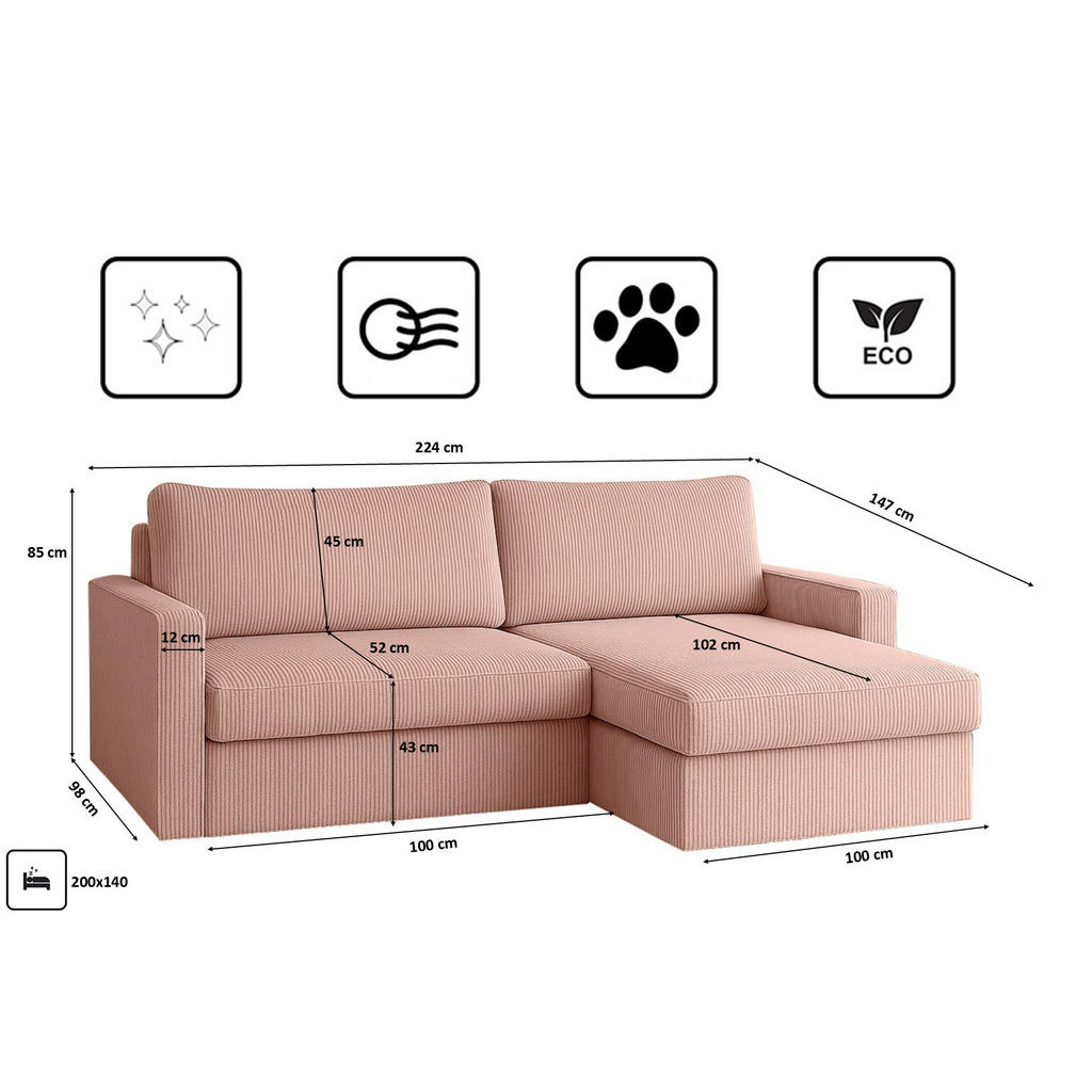 Thumbnail - Kaiser Möbel Ecksofa, Rosa, Textil, 3-Sitzer, Füllung: Komfortschaum, L-Form, 224x147 cm, Wohnzimmer, Sofas & Couches, W...