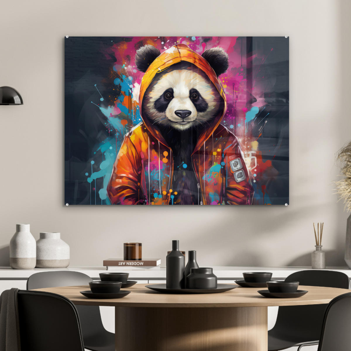 ACRYLGLASBILD Panda - Jacke - Graffiti - Orange 80x60 cm - Orange, Glas (80/60cm) - MuchoWow