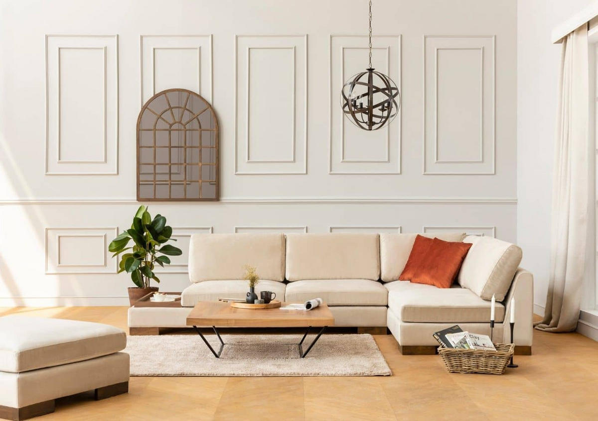 ECKSOFA mit Hocker und Lounge-Design - Beige/Walnussfarben, Holz/Textil (193/313cm) - myHomelando